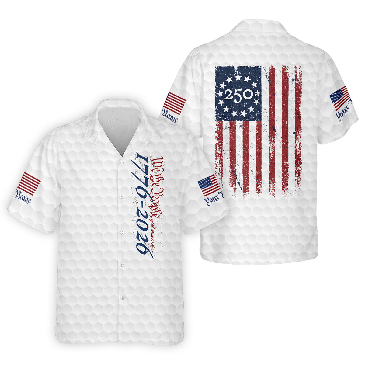 We The People Distressed American Flag White Golf Shirt, 250 Years Patriotic 4th Of July Golf Shirts For Men