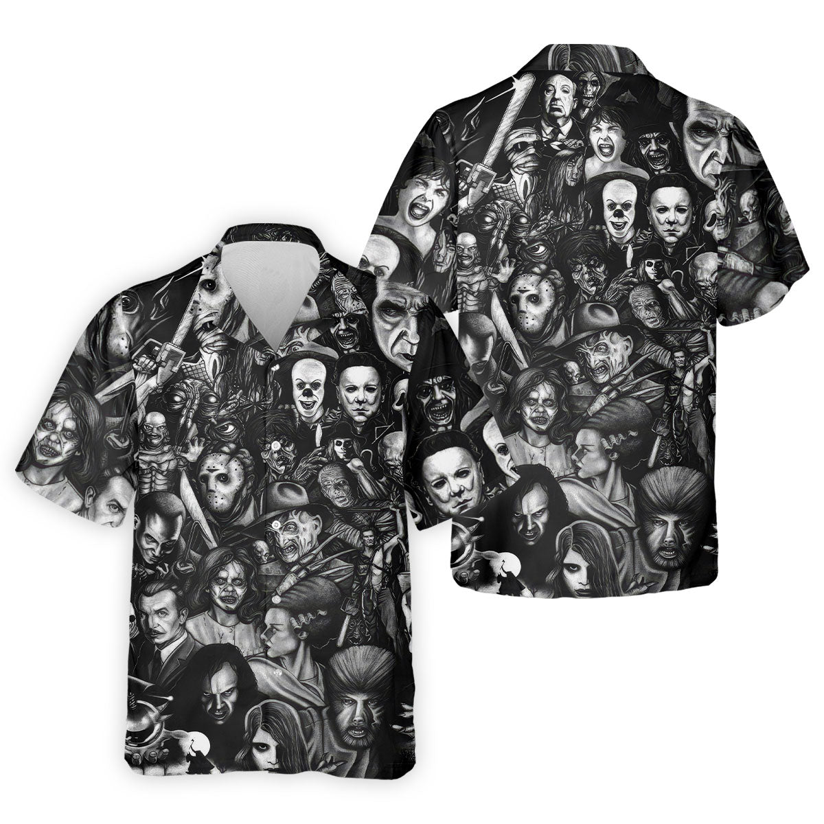 Classic Horror Characters Black And White Golf Polo, Dark Vibe Polo ShirtFor Men, Halloween Golf Shirt