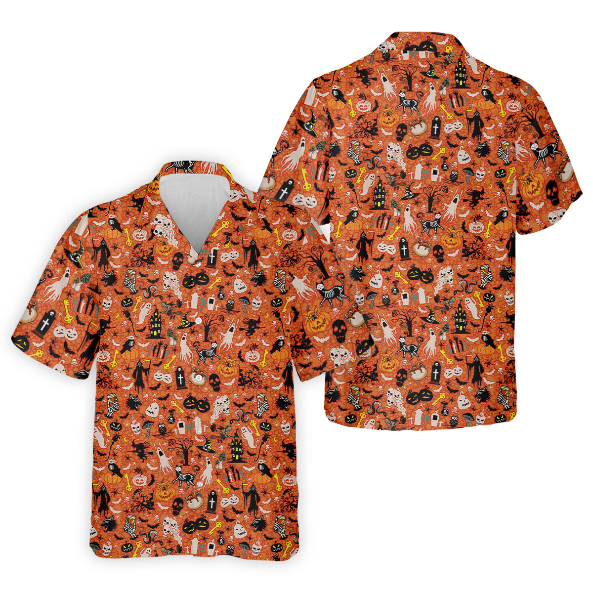 Halloween Skull Witch Cat Orange Golf Shirt, Funny Halloween Polo ShirtFor Men, Golf Gift For Men