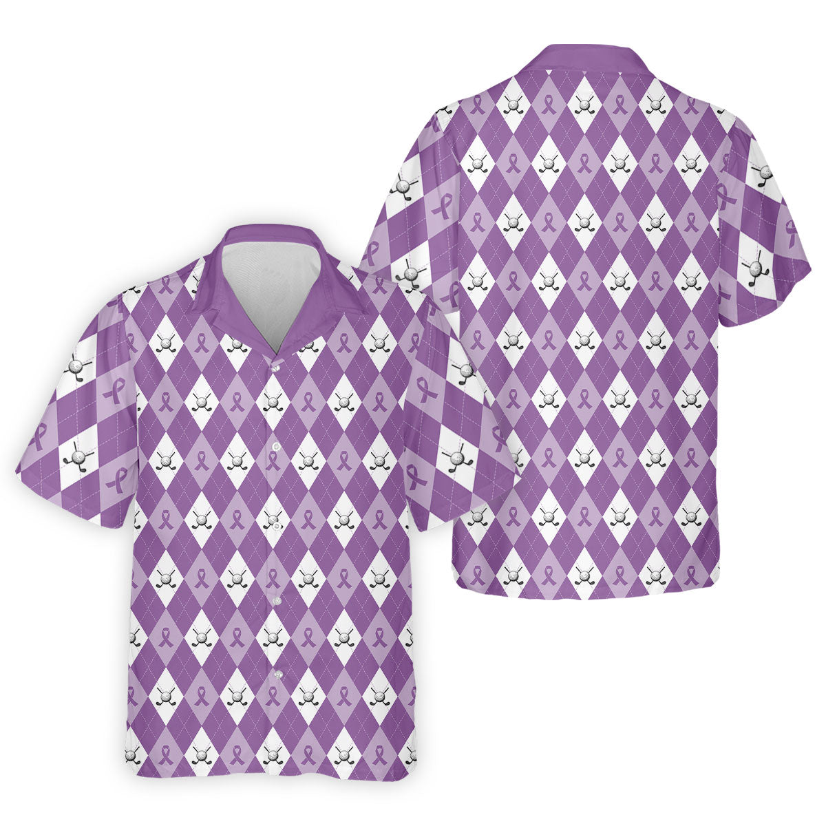 Pancreatic Cancer Purple And White Argyle Pattern Golf Tops For Men, Cancer Awareness Shirt