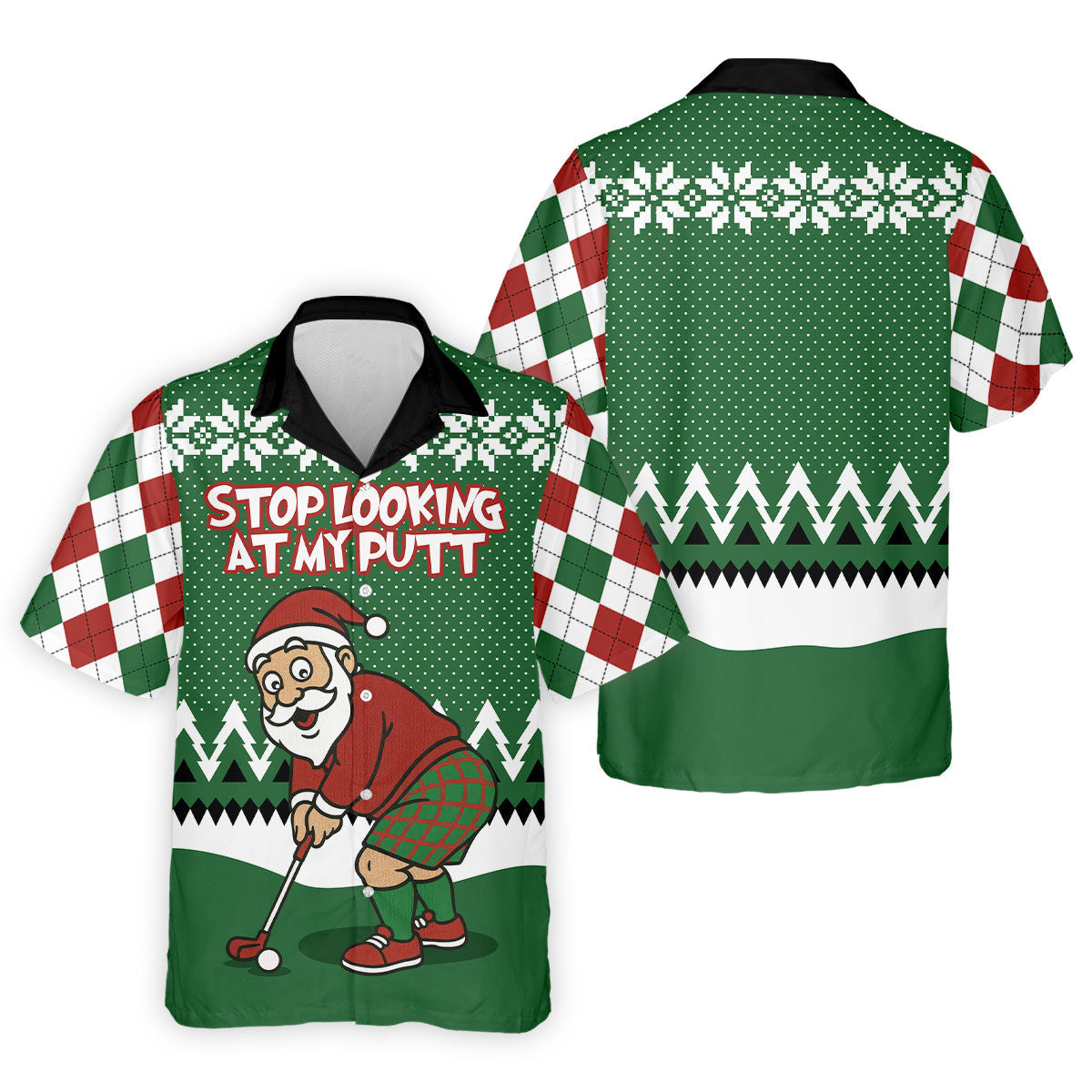 Stop Looking At My Putt Funny Santa Claus Argyle Golf Shirt, Christmas Golf Shirt, Polo ShirtFor Men