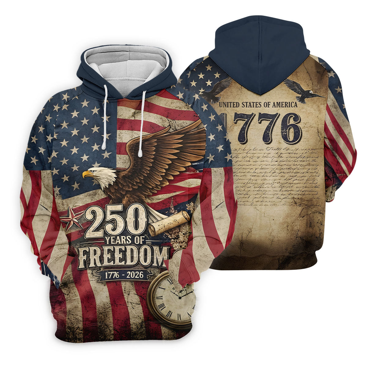 250 Years Of Freedom US Bald Eagle Retro US Flag Golf Tops For Men, Patriotic 4th Of July Golf Shirts For Men