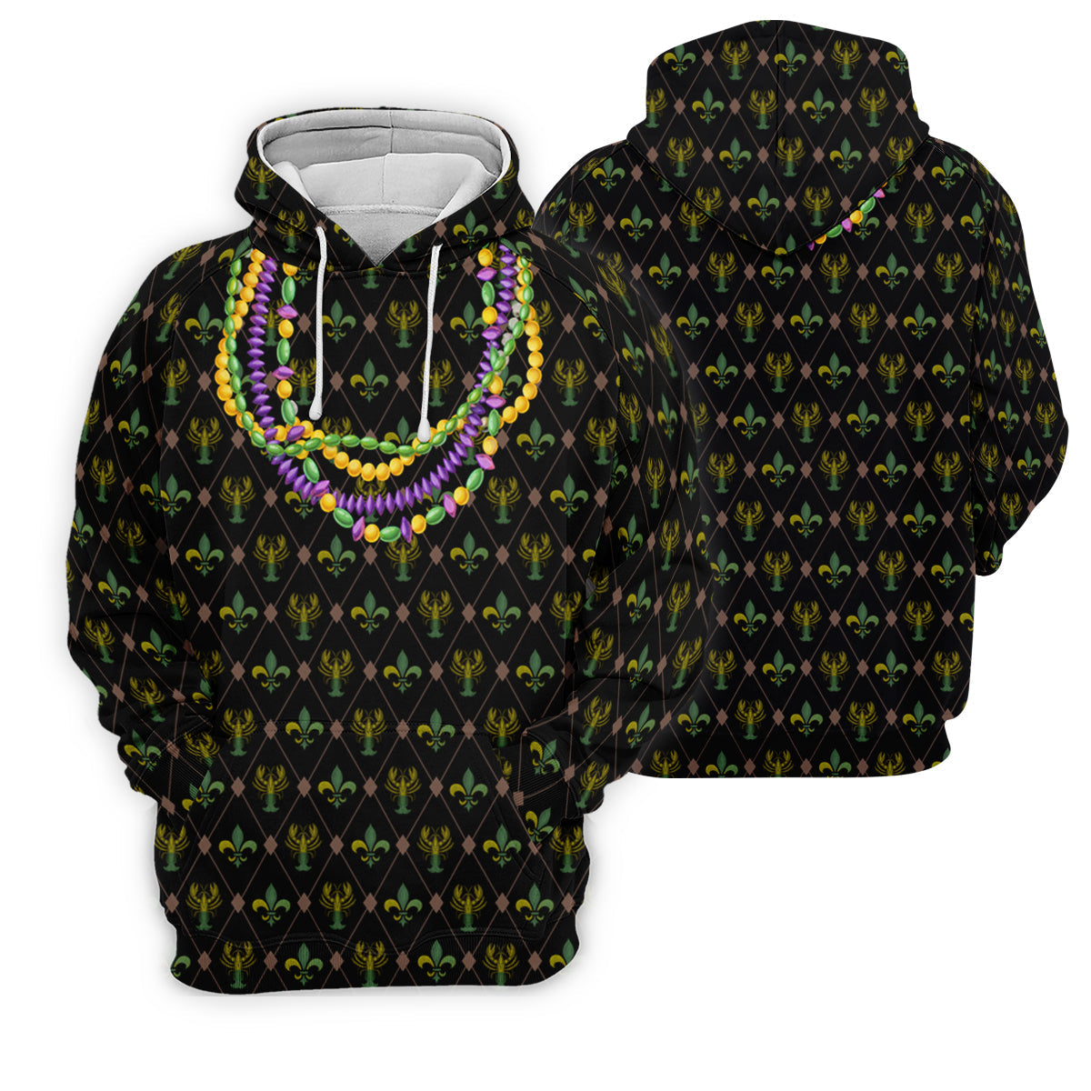 Mardi Gras Purple Green Gold Beads Chain Fleur De Lis Argyle Pattern Black Golf Shirt, Men's Golf Polo Shirts
