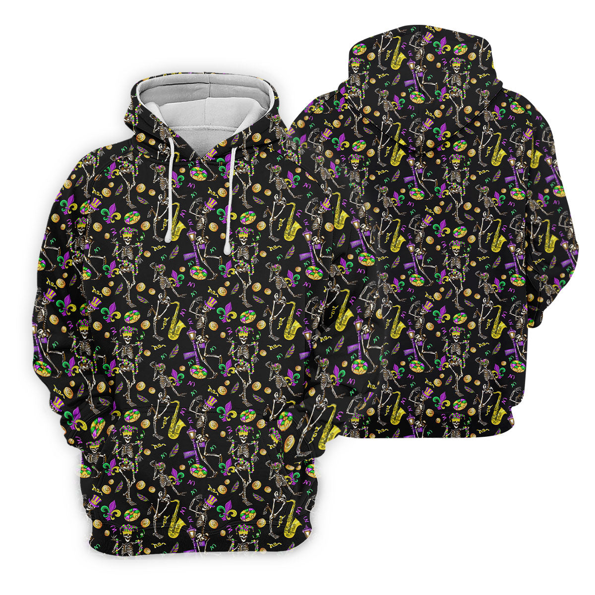 Dancing Skeleton Mardi Gras Fleur De Lis Black Golf Shirt, Polo ShirtFor Men, Golf Shirts For Men