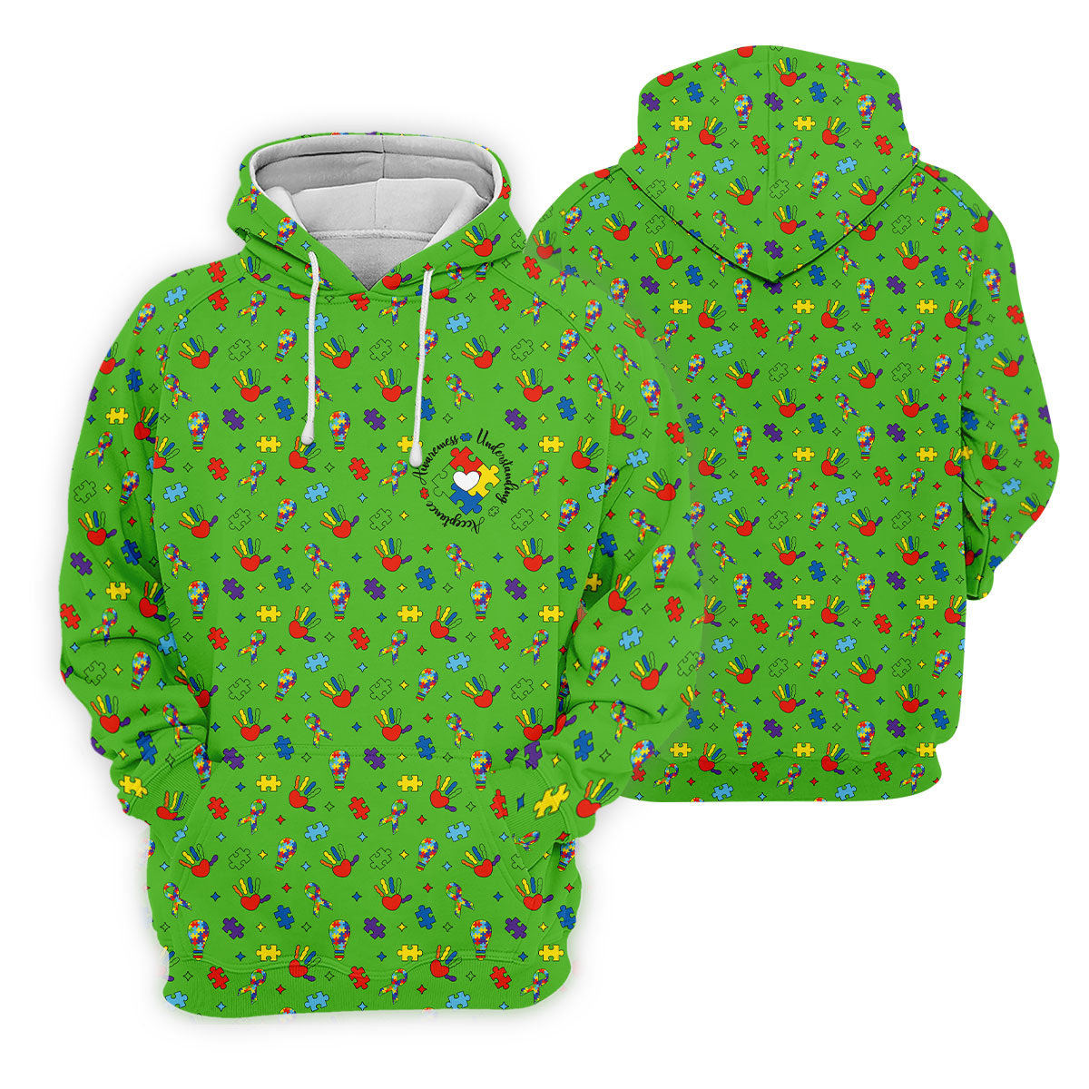 Awareness Understanding Acceptance Autism Ribbon Green Golf Shirt, Autism Awareness Colors Golf Shirts For Men