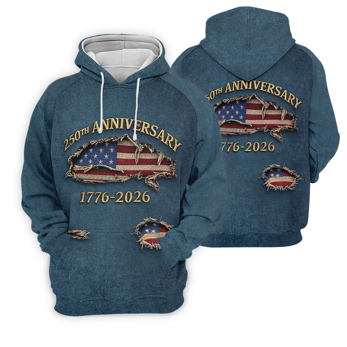 Patriotic American Flag 250th Anniversary Blue Denim Color Ripped Effect Golf Shirts For Men, Polo ShirtFor Men