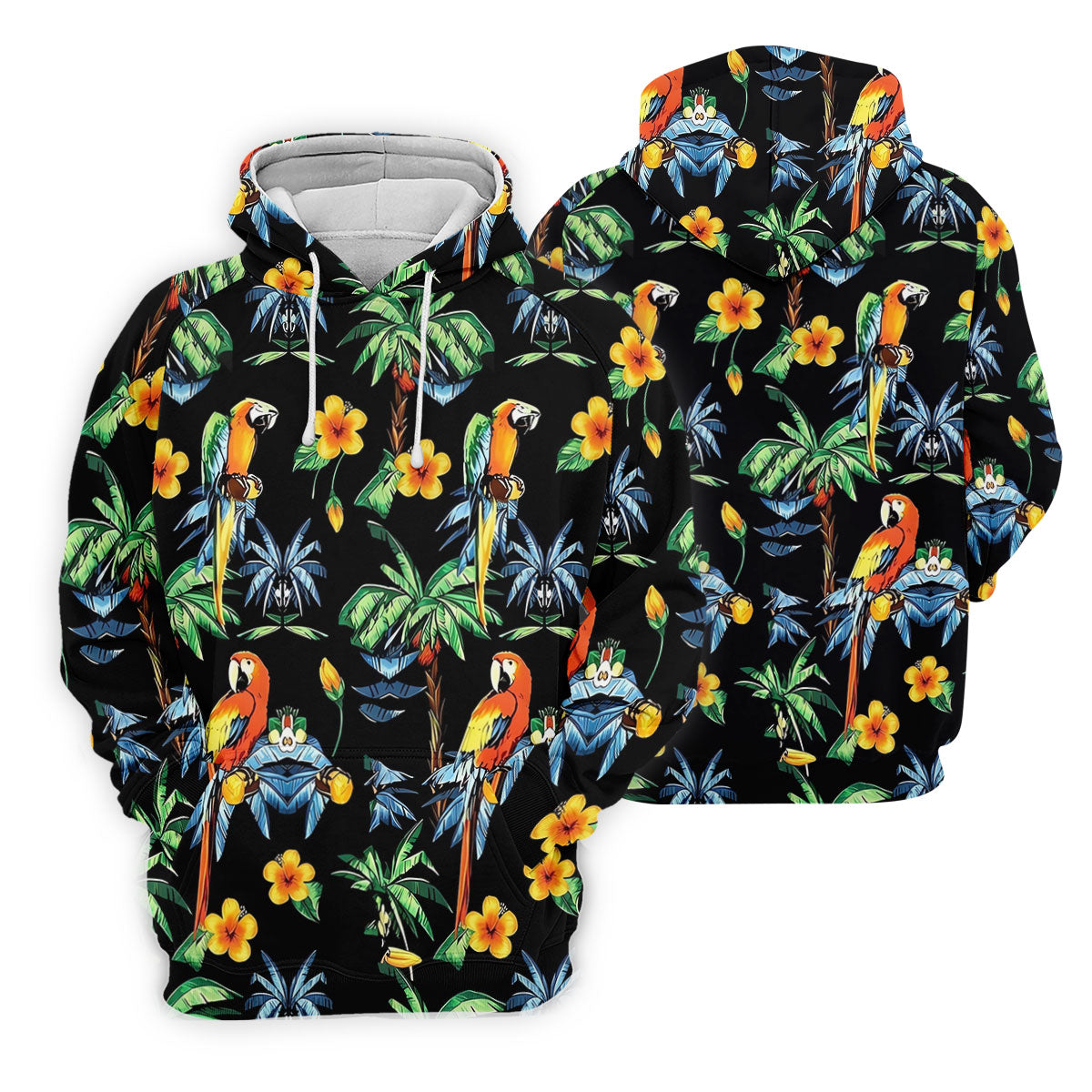 Black Tropical Parrot Palm Flower Pattern Golf Shirt, Men's Golf Shirt, Mens Polo Shirts, Hawaiian Golf Shirt