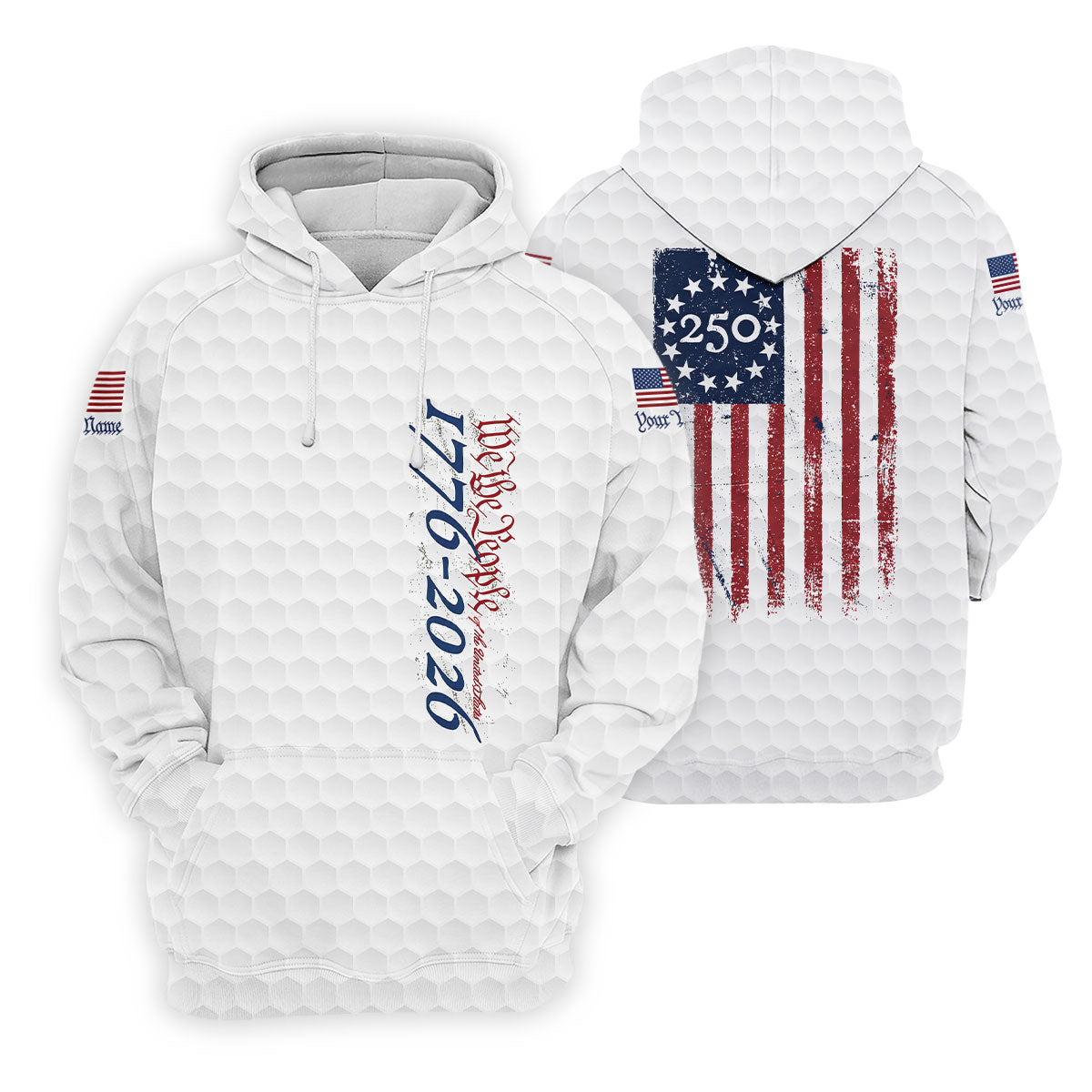 We The People Distressed American Flag White Golf Shirt, 250 Years Patriotic 4th Of July Golf Shirts For Men