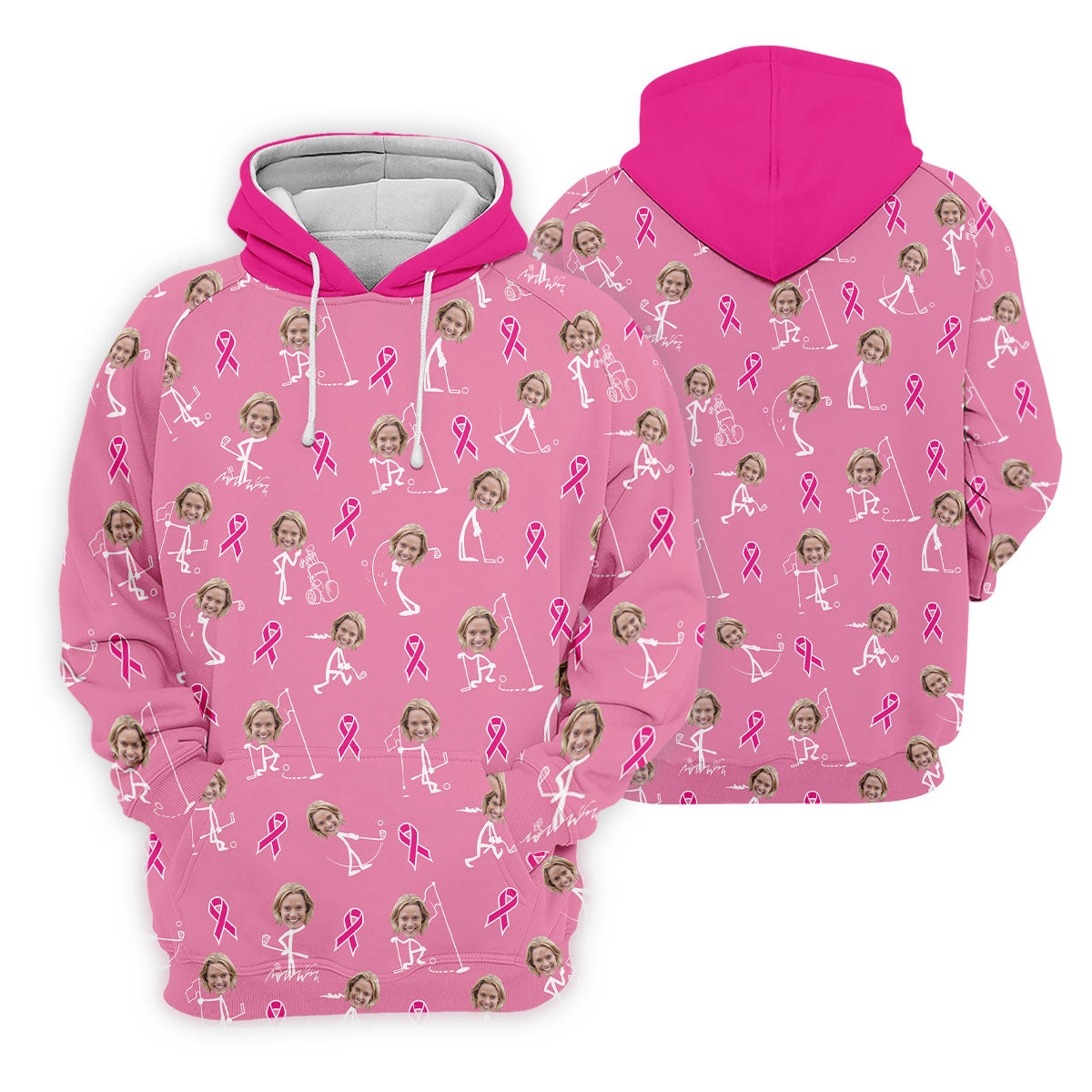 Funny Stick Figure Women's Golf Shirt, Custom Face Shirt, Breast Cancer Awareness Shirt, Pink Golf Shirt