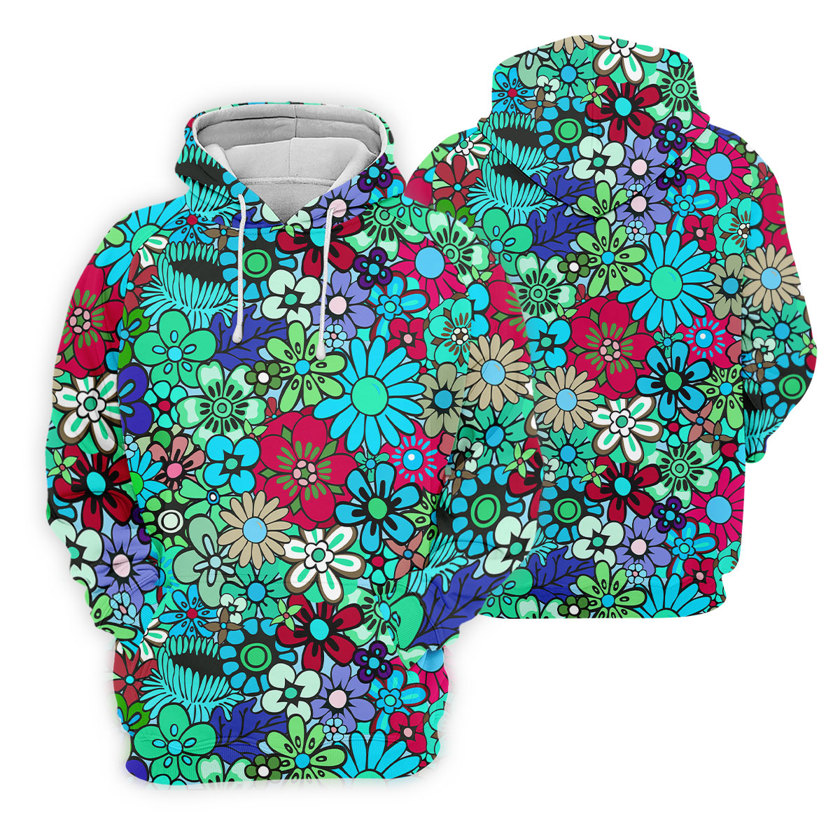 Blue Green Retro Flower Power Golf Shirt, Mens Golf Shirts, Hawaiian Golf Shirt, Golf Shirts For Men