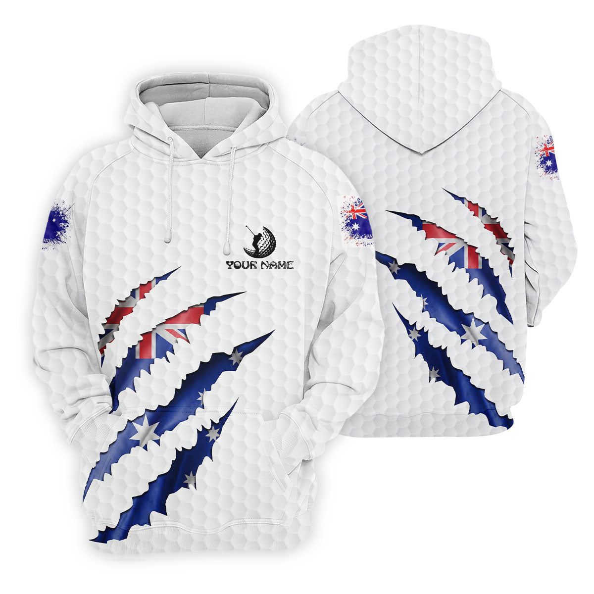 Golf Ball Pattern Australia Flag Print Scratch Effect Men's Golf Top, Golf Shirts For Men