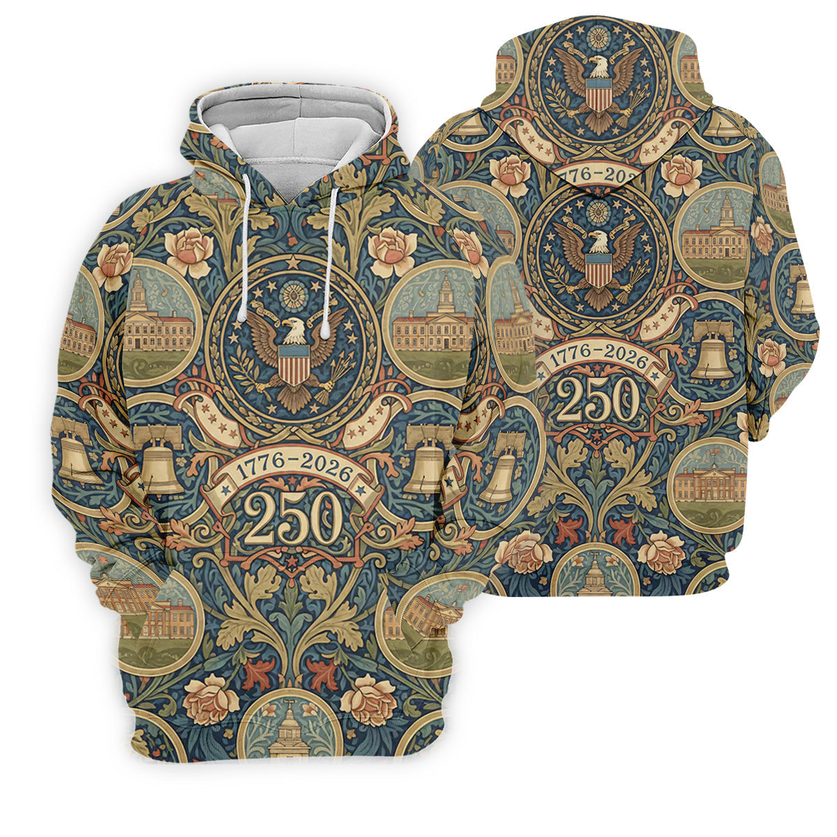 250th Anniversary Semiquincentennial American Landmarks Floral Golf Shirt, Golf Shirts For Men, Patriotic Golf Shirt