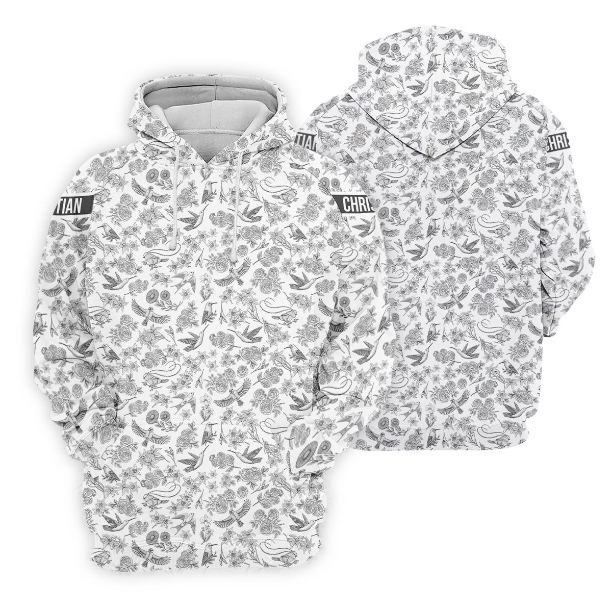 Custom Name Toile de Jouy Birds And Flowers Grey And White Polo ShirtFor Men, Golf Gift For Men