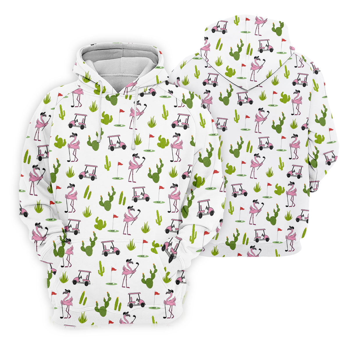 Pink Flamingo Golf Cart Cactus Hawaiian Golf Shirt, Women’s Golf Polo, Performance Golf Shirt