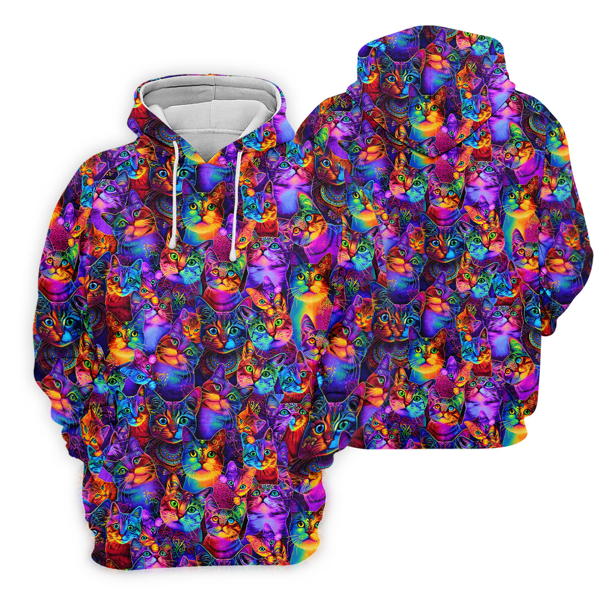 Psychedelic Cat Golf Shirt, Colorful Neon Cat Pattern, Polo Shirts For Men