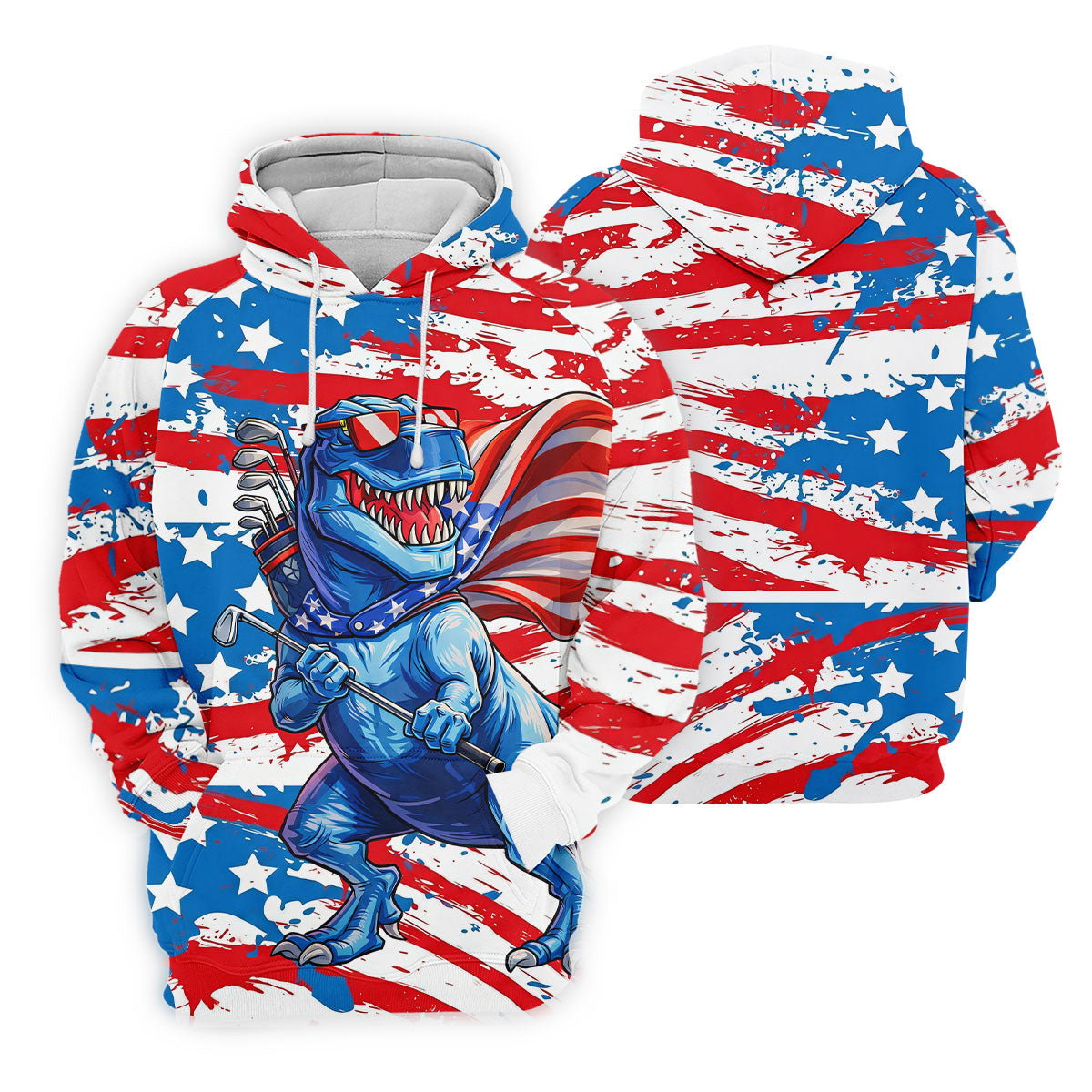 Funny Dinosaur USA Flag Print 250 Years Anniversary Golf Tops For Men, 4th Of July Patriotic Golf Shirt