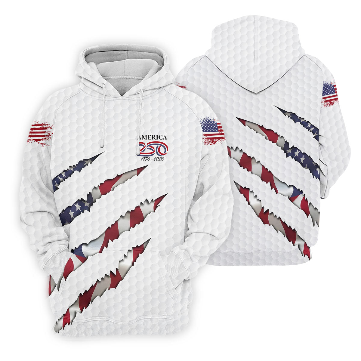 America 250 1776-2026 Scratched Flag Golf Ball Pattern White Golf Shirt, Patriotic 4th Of July Golf Shirts For Men