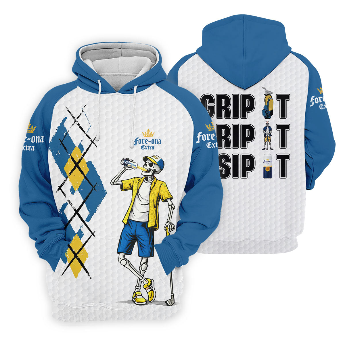 Blue Yellow Skeleton Golfer Beer Polo Shirt, Mens Golf Polo, Golf Apparel For Men