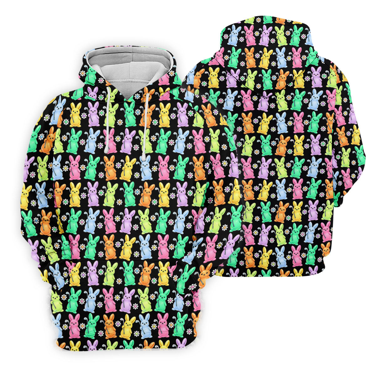 Colorful Easter Bunny Black Golf Shirt, Cute Golf Outfit, Golf Shirts For Men, Golf Gift For Men