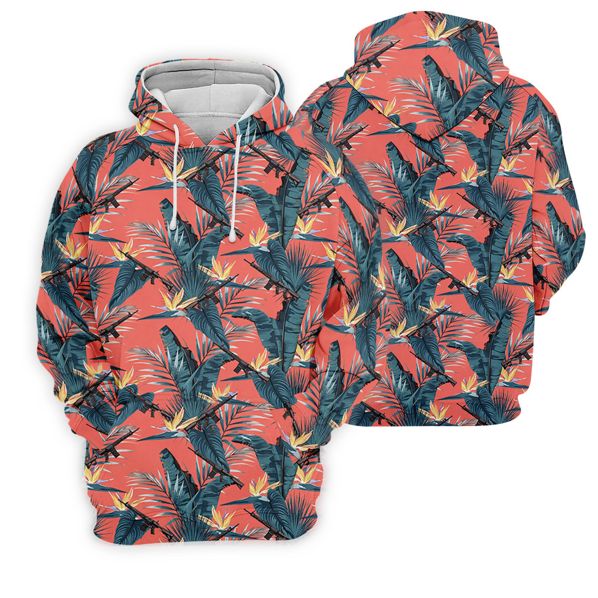 Tropical Palm Leaf And Rifle Pattern Coral Golf Polo, Women’s Golf Apparel, Performance Golf Shirt