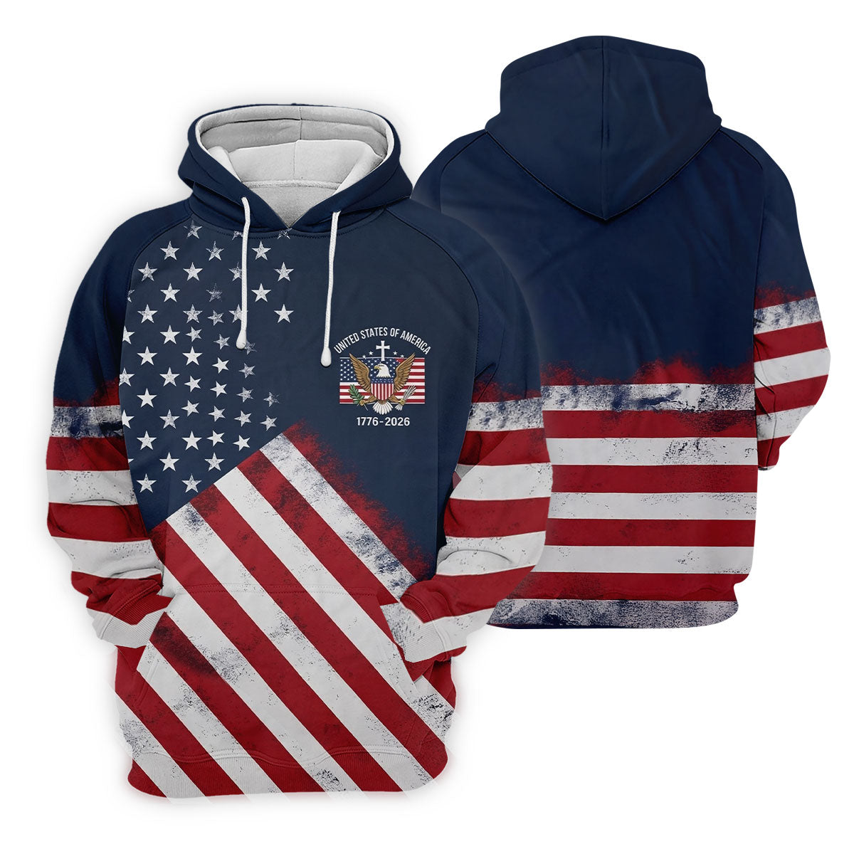 US Bald Eagle Distressed Flag 250 Faith Cross Golf Tops For Men, Patriotic 4th Of July Golf Shirts For Men