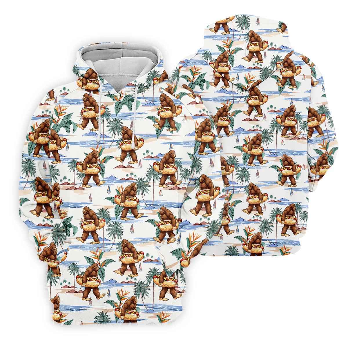 Funny Bigfoot Carrying Hot Dog Float Beach Golf Polo Shirt, Hawaiian Golf Shirt, Golf Apparel For Men
