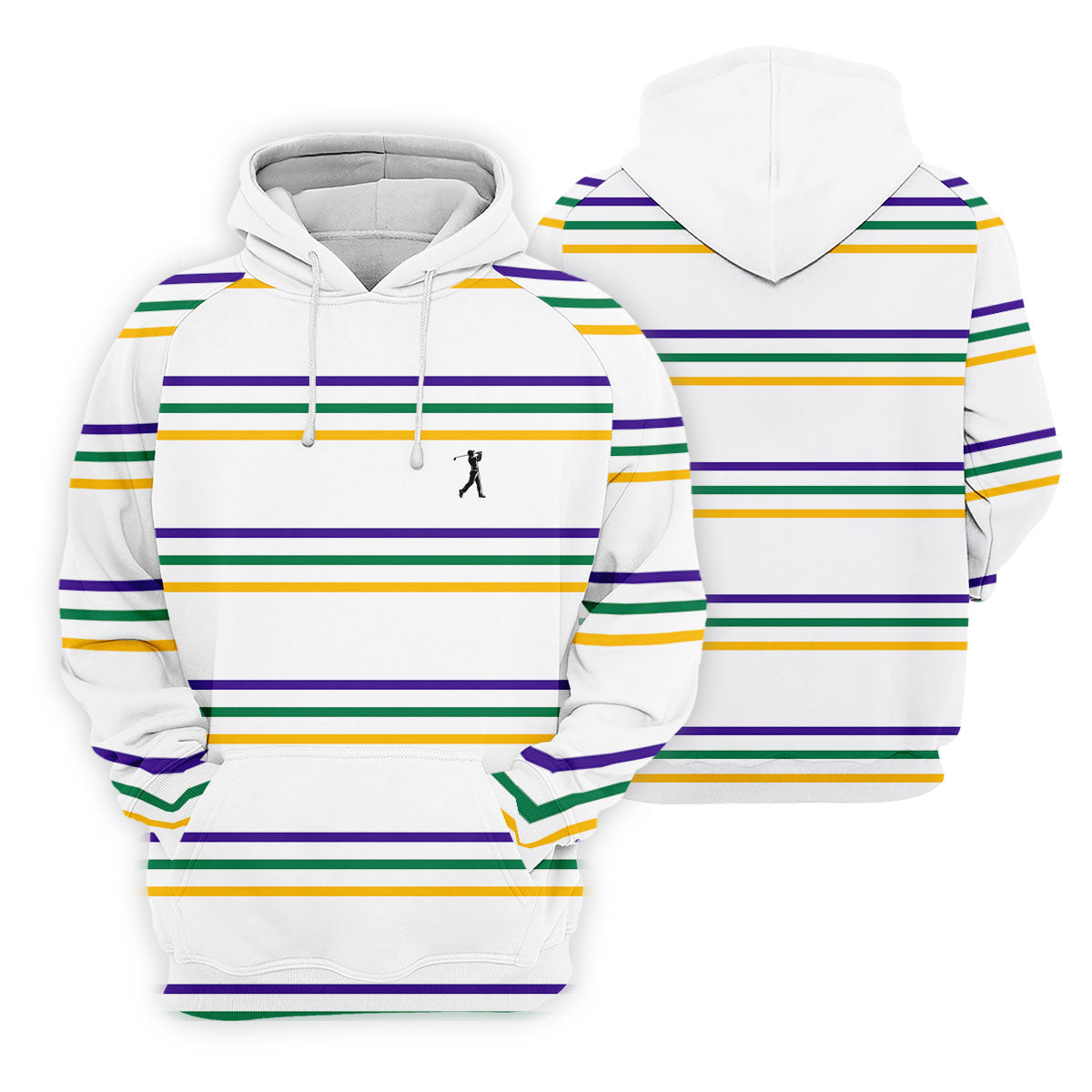 Mardi Gras Purple Green Gold Stripe Pattern Golf Tops For Men, Men's White Polo, Golf Shirts For Men