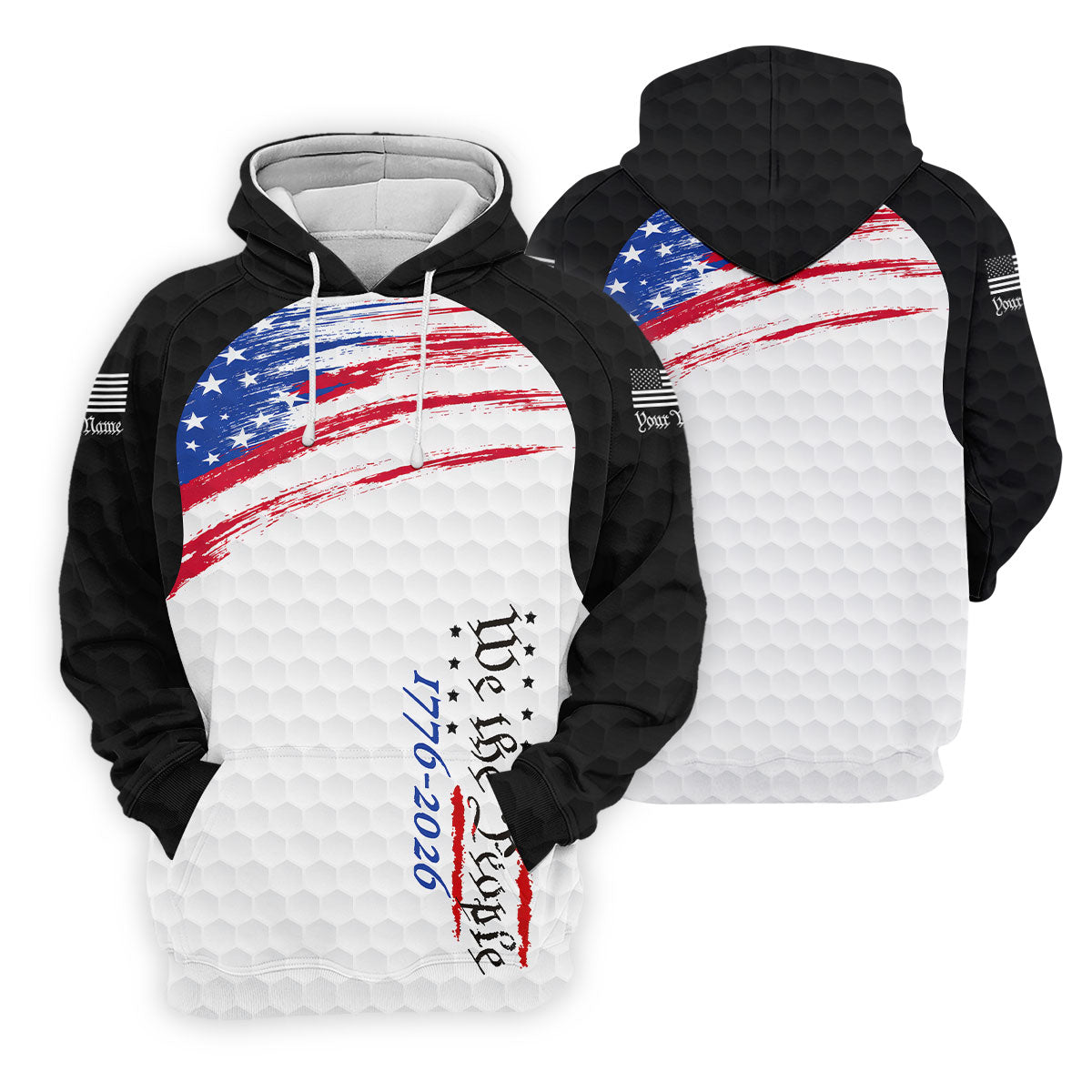 We The People 1776-2926 American Flag Brush Black Golf Shirt, 250 Years Patriotic 4th Of July Golf Shirts For Men