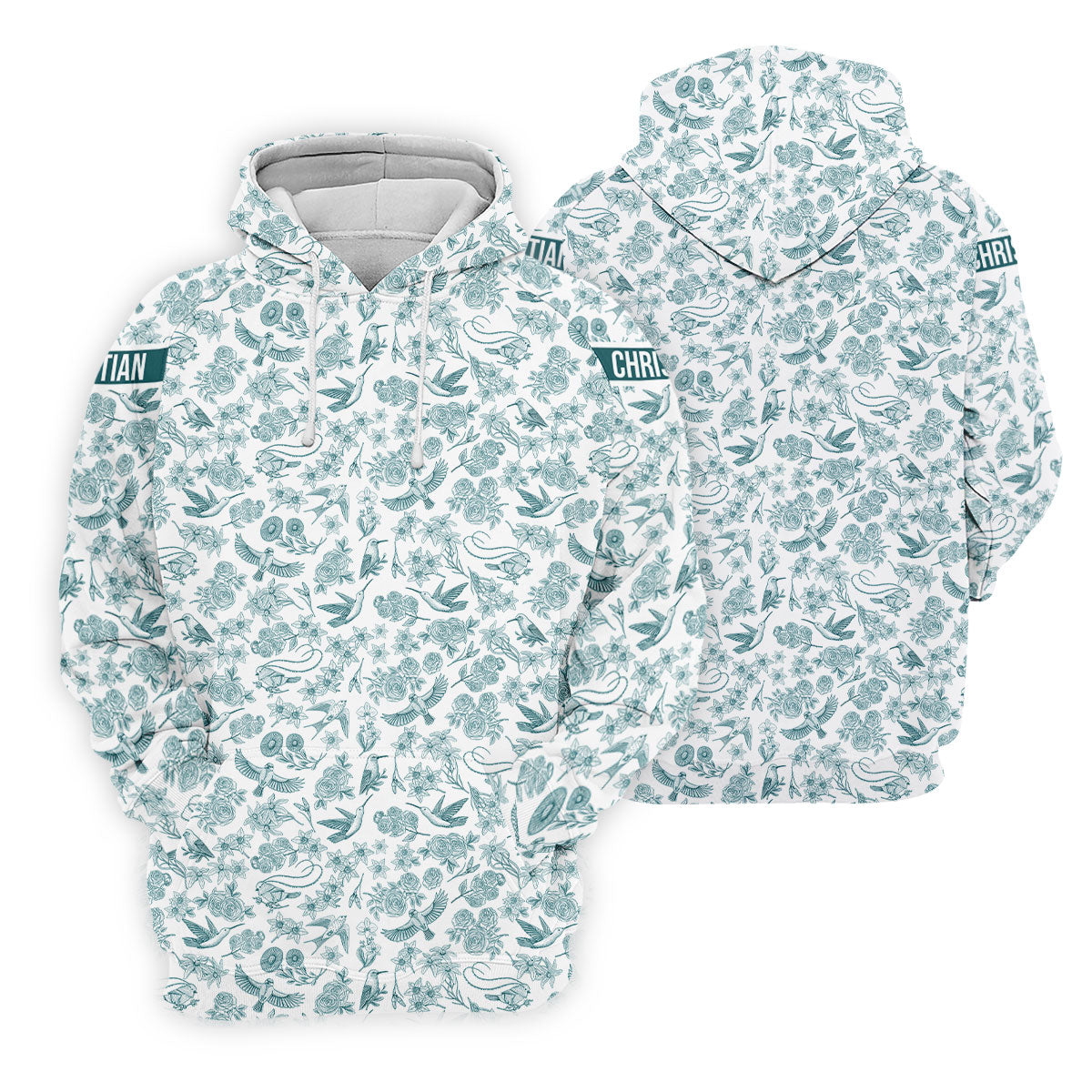 Custom Name Toile de Jouy Birds And Flowers Teal And White Polo ShirtFor Men, Golf Gift For Men