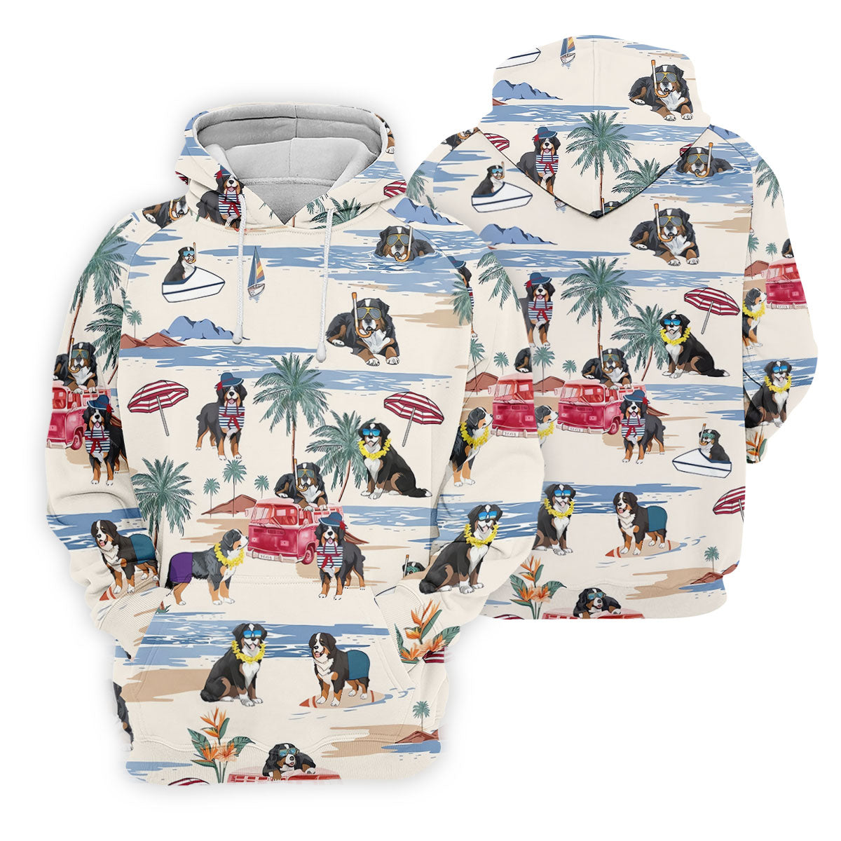 Tropical Bernese Mountain Dog Beach Hawaiian Golf Polo Shirt, Printed Golf Shirts, Golf Apparel For Men
