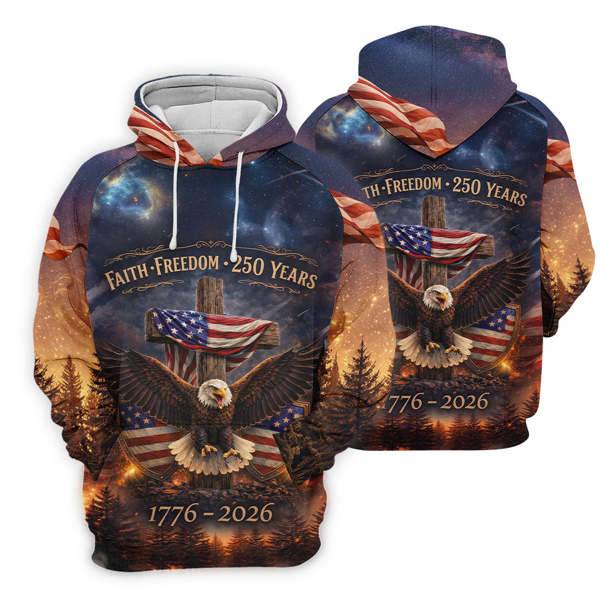 Faith Freedom 250 Years Galaxy Pattern US Flag Golf Shirt, Patriotic 4th Of July Golf Shirt For Women