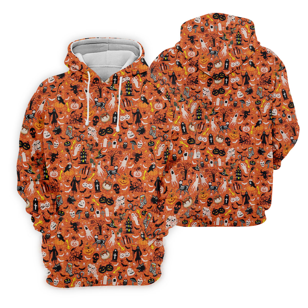 Halloween Skull Witch Cat Orange Golf Shirt, Funny Halloween Polo ShirtFor Men, Golf Gift For Men