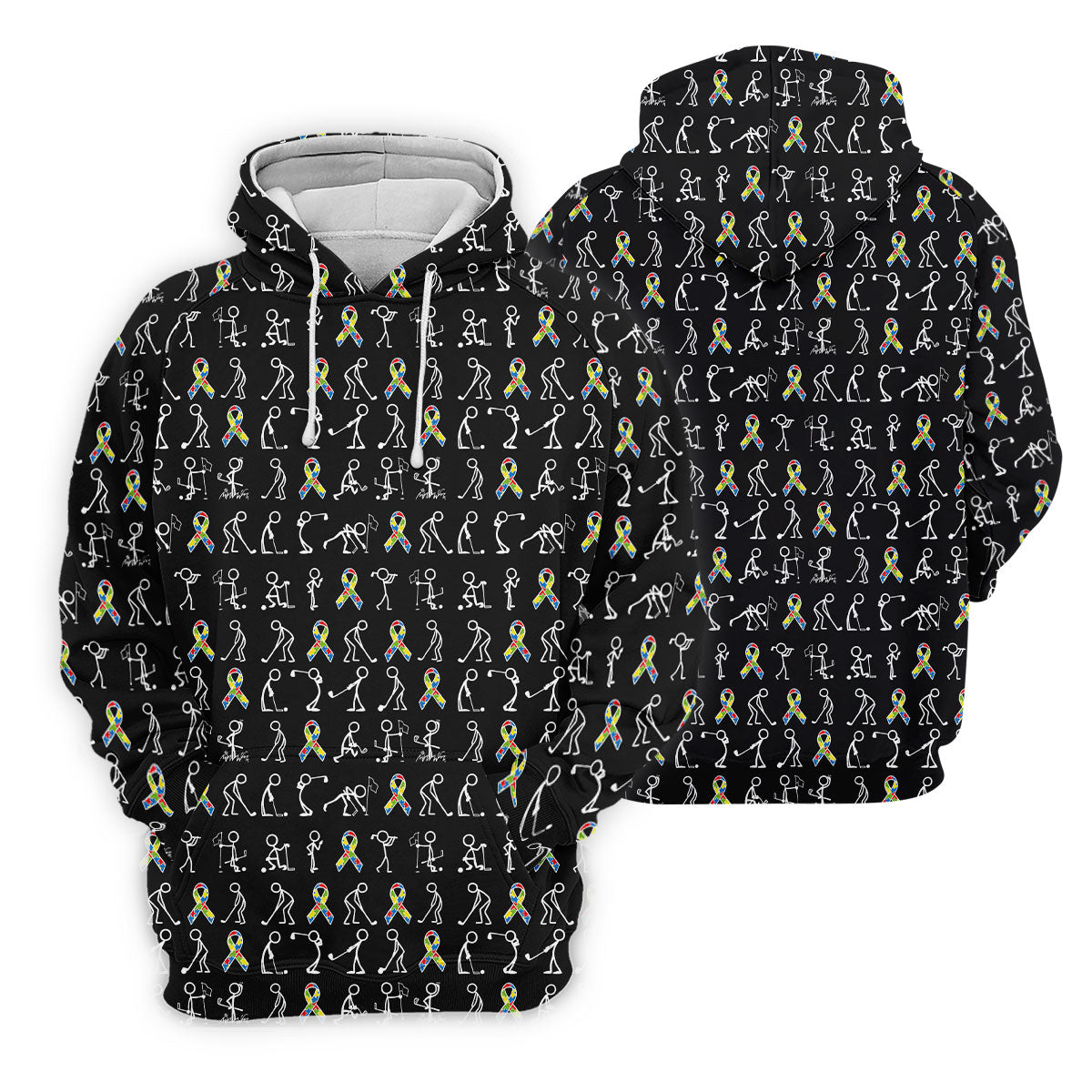 Stick Figure Golf Pose Autism Ribbon Black Golf Shirt, Autism Awareness Colors Golf Shirts For Men