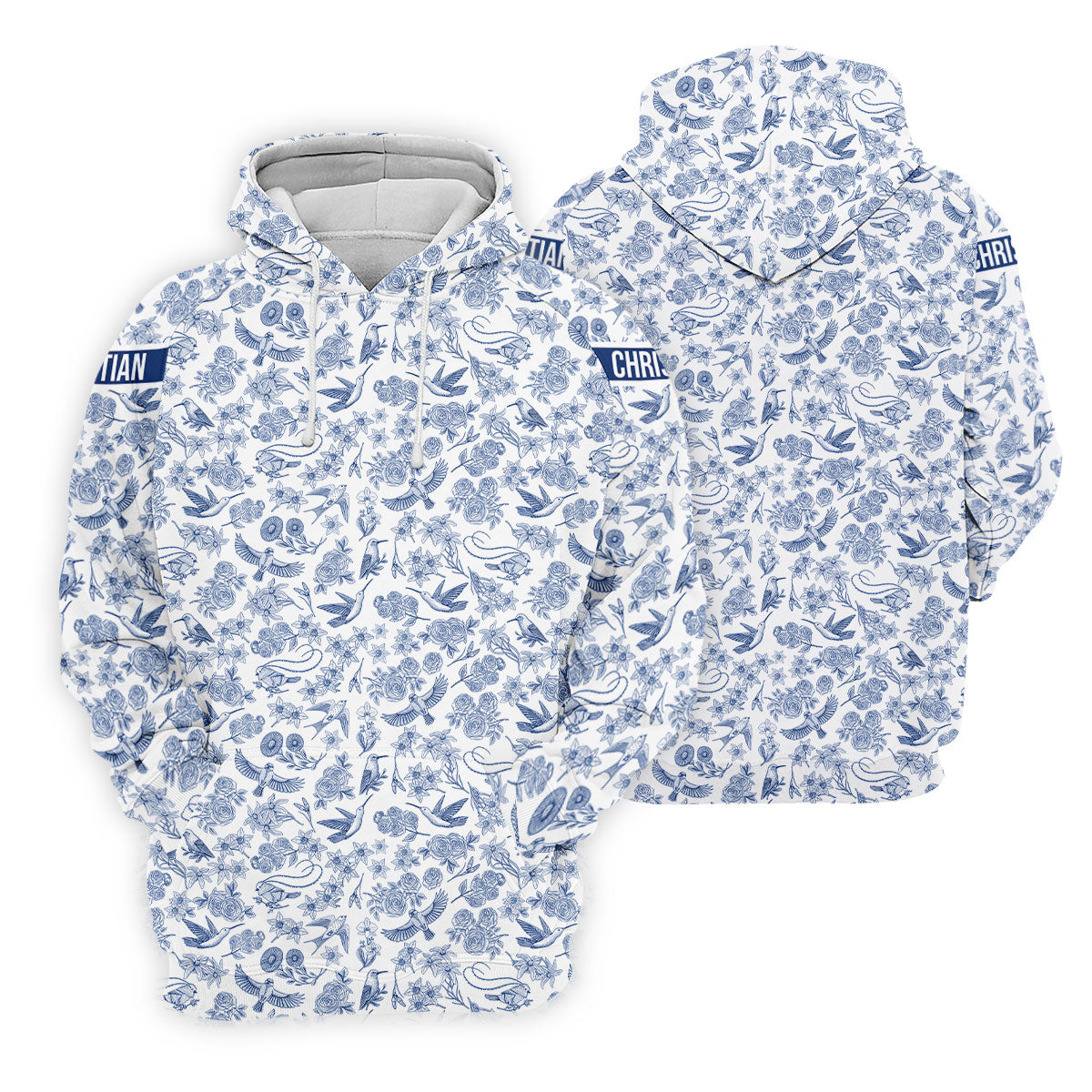 Custom Name Toile de Jouy Birds And Flowers Blue Golf Shirt, Women Golf Top, Ladies Golf Polos