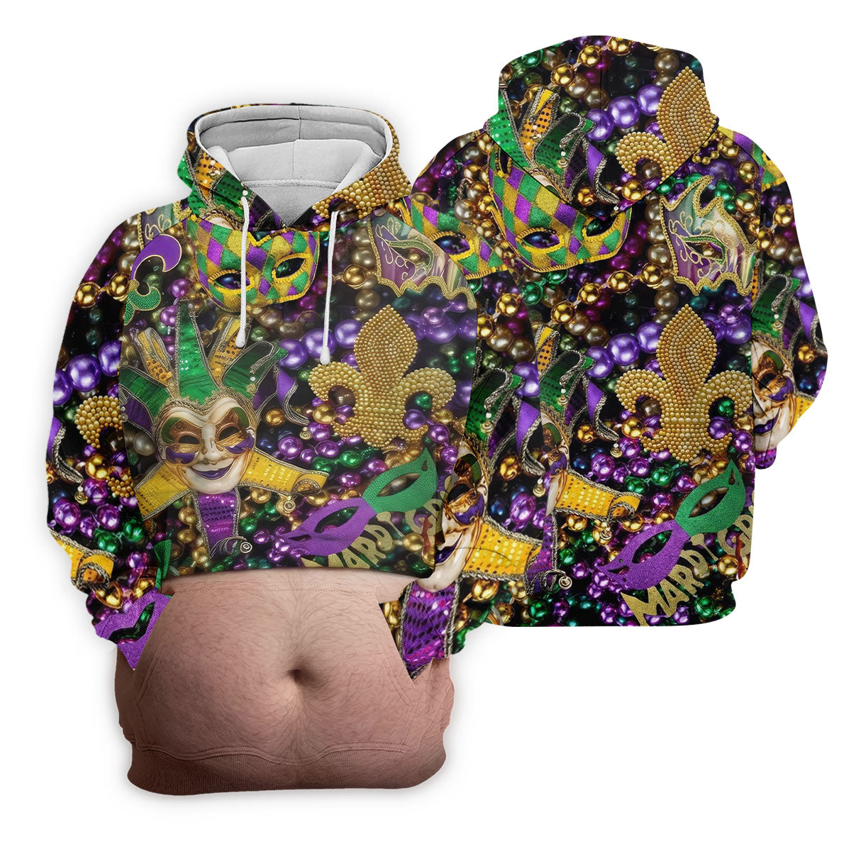 Mardi Gras Purple Green Gold Fleur De Lis Jester Mask Funny Tummy Women's Golf Tops, Fun Women's Golf Shirts