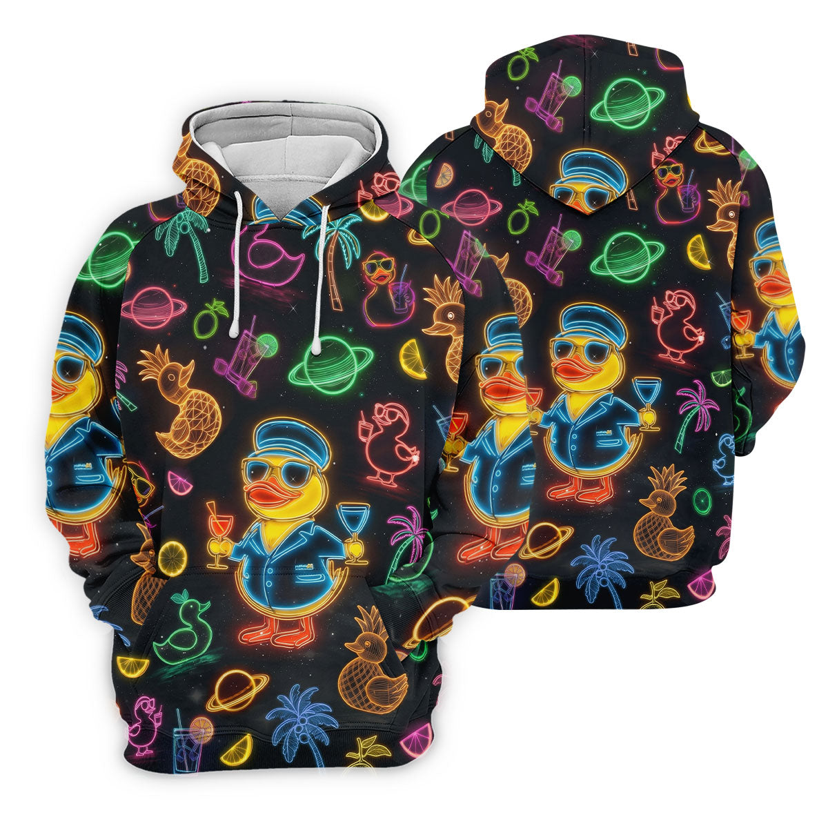 Jet Black Neon Duck Tropical Pattern Hawaiian Golf Shirt, Golf Shirts For Men, Polo Shirts For Men