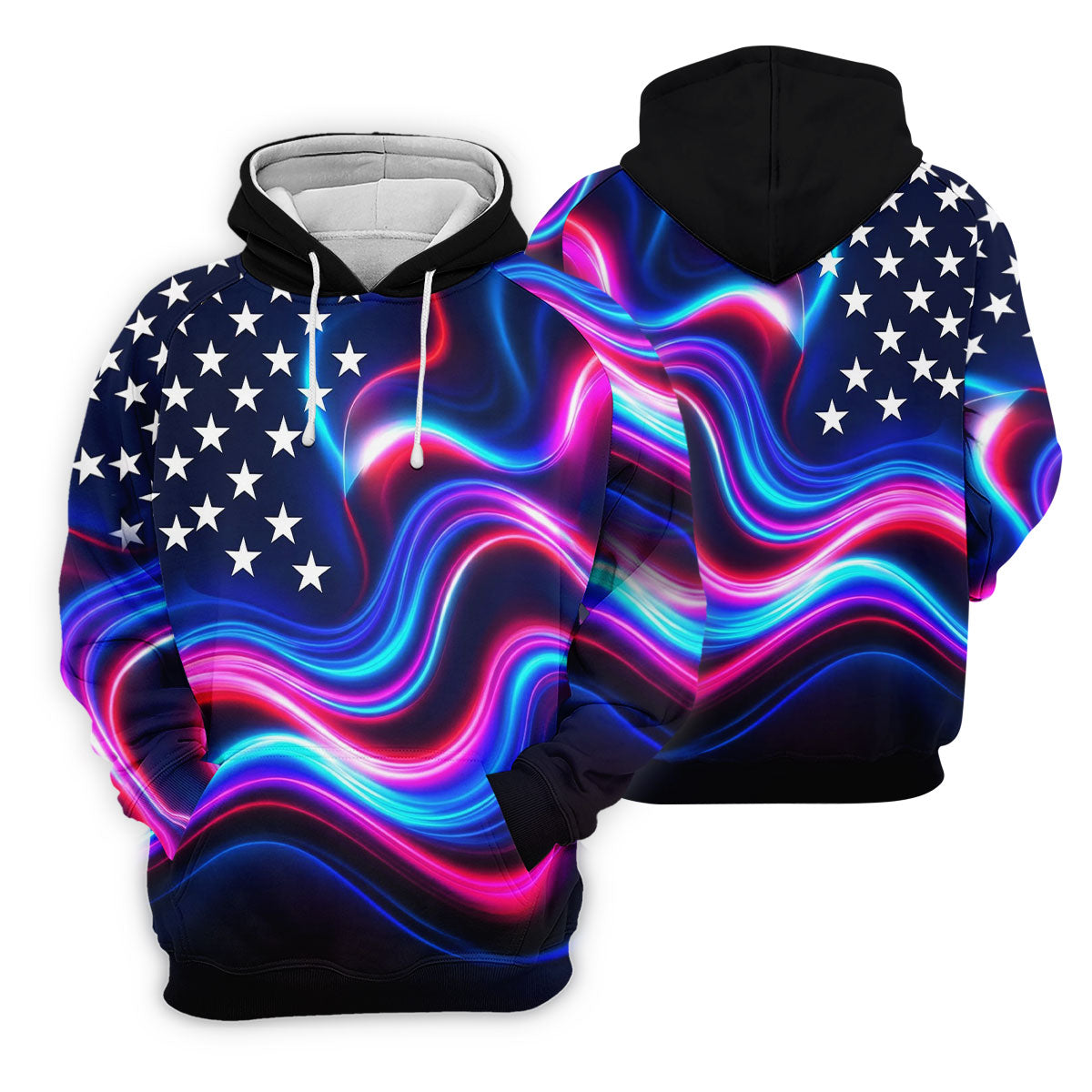 Star Pattern Neon Color Wavy Stripes 250th Anniversary, Patriotic 4th Of July Golf Shirts For Men