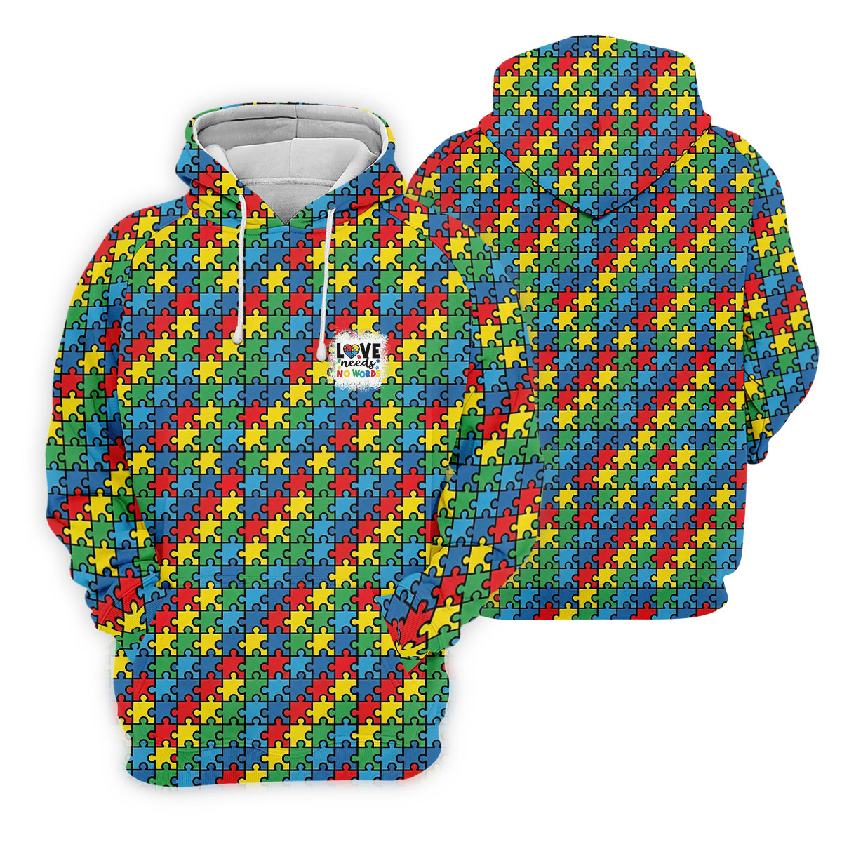 Love Needs No Words Autism Awareness Jigsaw Puzzle Pieces Men's Golf Shirt, Polo Shirt Men