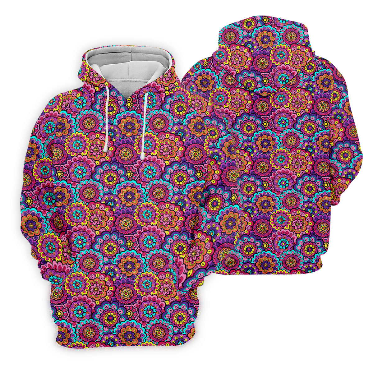 Colorful Mandala Floral Pattern Zip Hoodie, Graphic Zip Hoodie, Hooded Sweatshirt For Men