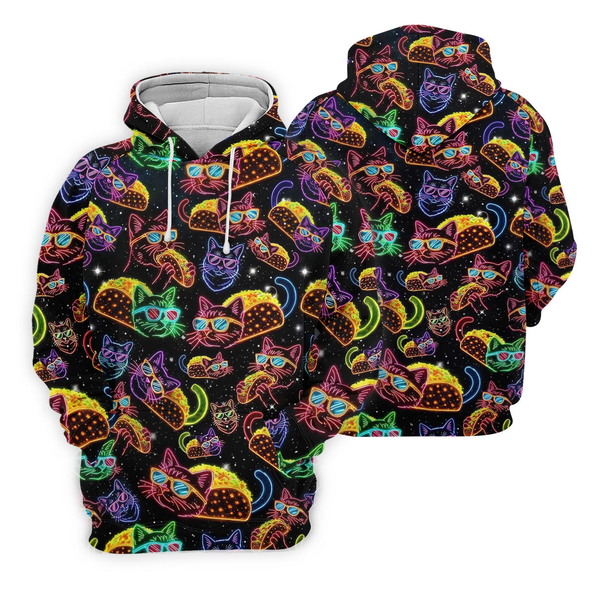 Neon Cat Taco Fiesta Time Hawaiian Golf Shirt, Cinco De Mayo Celebration Golf Shirts For Men