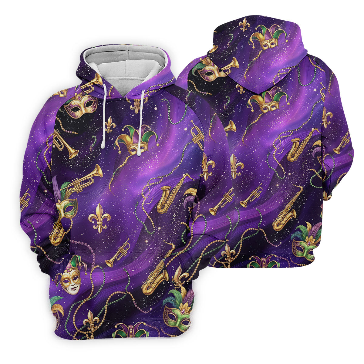 Golden Fleur De Lis Trumpet And Saxophone Mardi Gras Masquerade Mask Purple Golf Shirt, Golf Shirts For Men