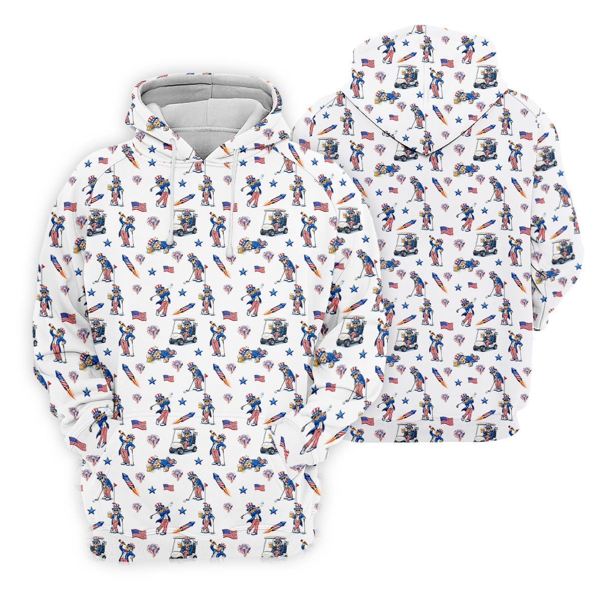 Patriotic Man Golf And Beer Funny 4th Of July White Golf Shirt, 250 Years Seamless Pattern Golf Shirts For Men