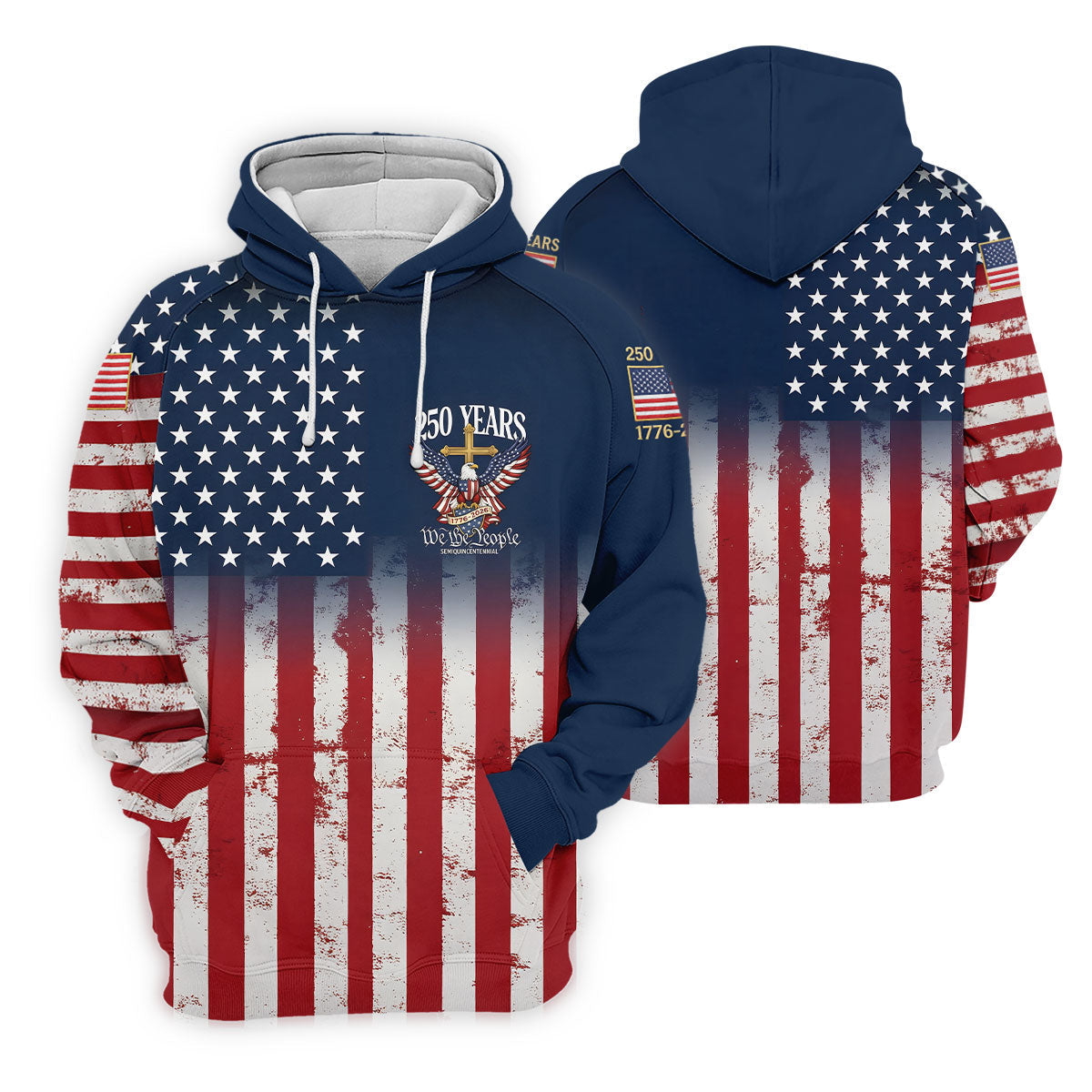 250 Years We The People Bald Eagle US Flag Cross Faith Golf Shirts For Men, Patriotic Golf Shirt