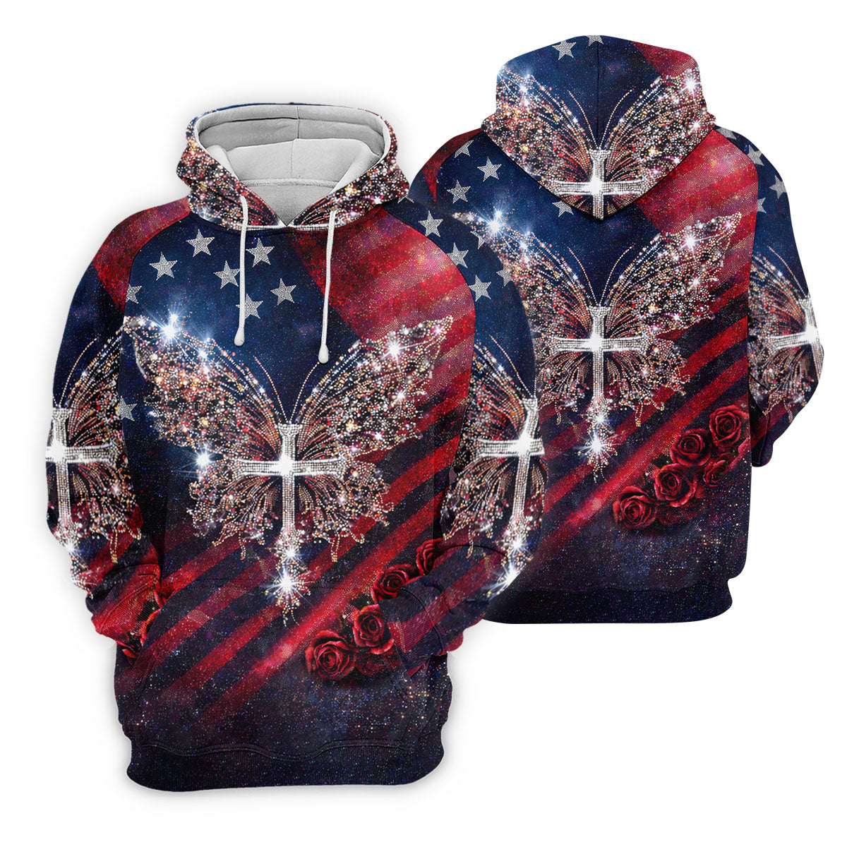 Faith Cross Shimmering Butterfly 250th Anniversary Golf Tops For Men, Patriotic 4th Of July Golf Shirts For Men