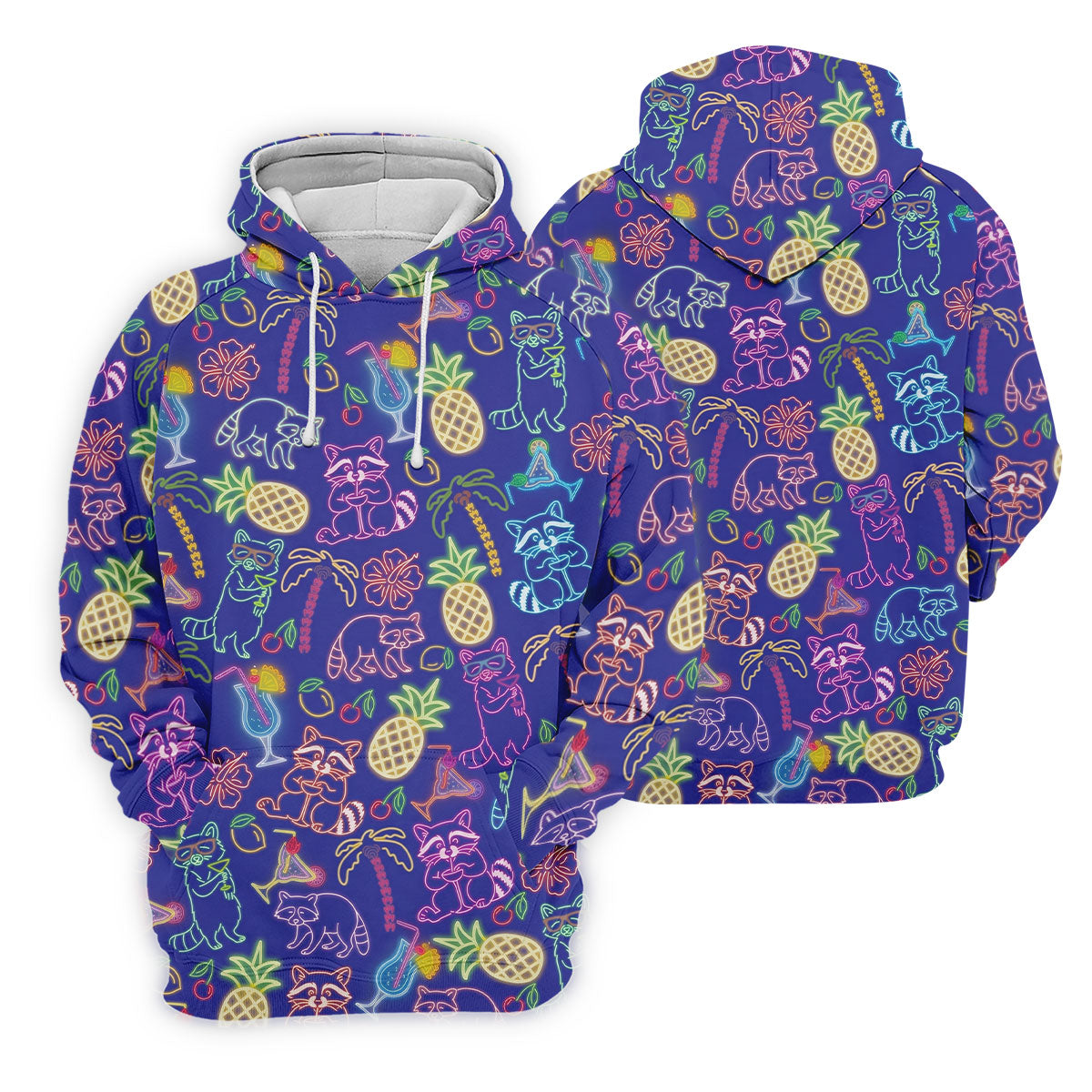 Neon Tropical Raccoon Cocktail Pattern Hawaiian Golf Shirt, Men's Golf Shirt, Polo Shirts For Men