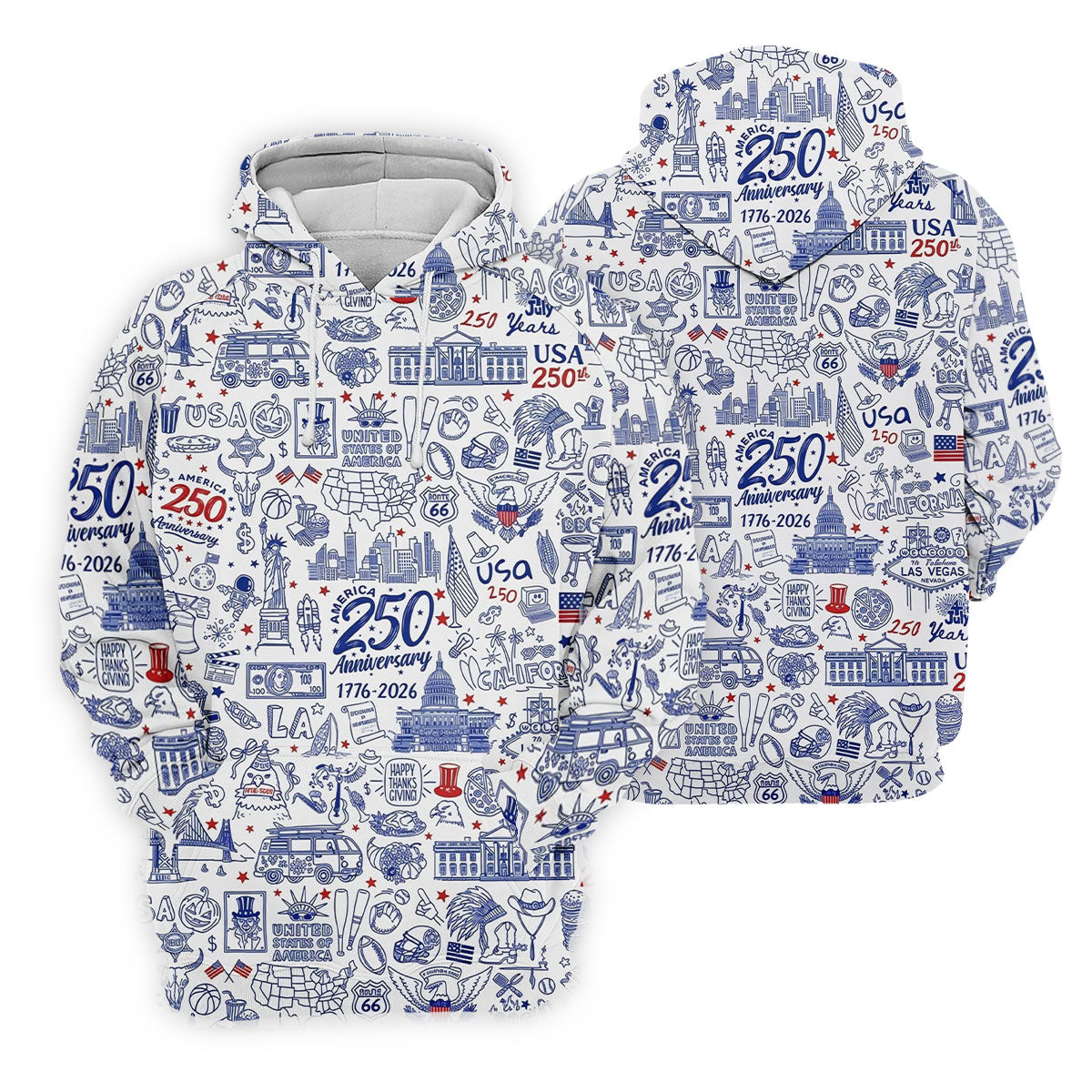 America 250 Anniversary US Symbols Doodle Pattern Patriotic Golf Shirt, 4th Of July Golf Shirts For Men