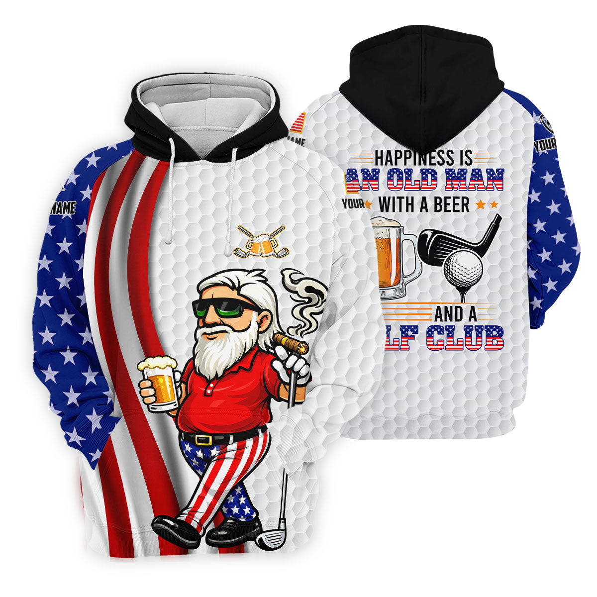 Happiness Is An Old Man With A Beer Funny 4th Of July White Golf Shirt, 250th Anniversary Golf Shirts For Men