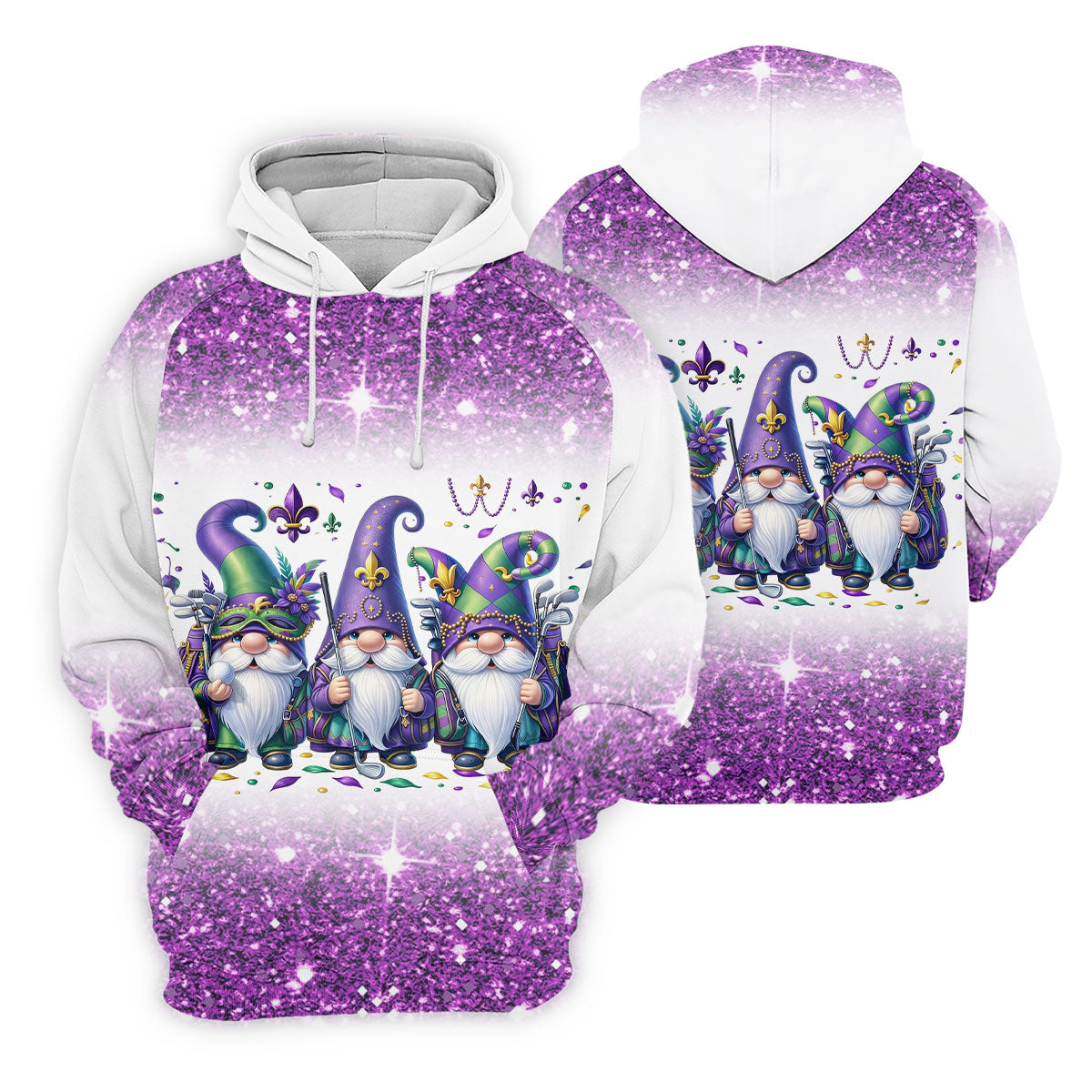 Mardi Gras Gnomes Fleur De Lis Glitter Effect Ladies Golf Tops, Women's Golf Shirts, Ladies Golf Polos