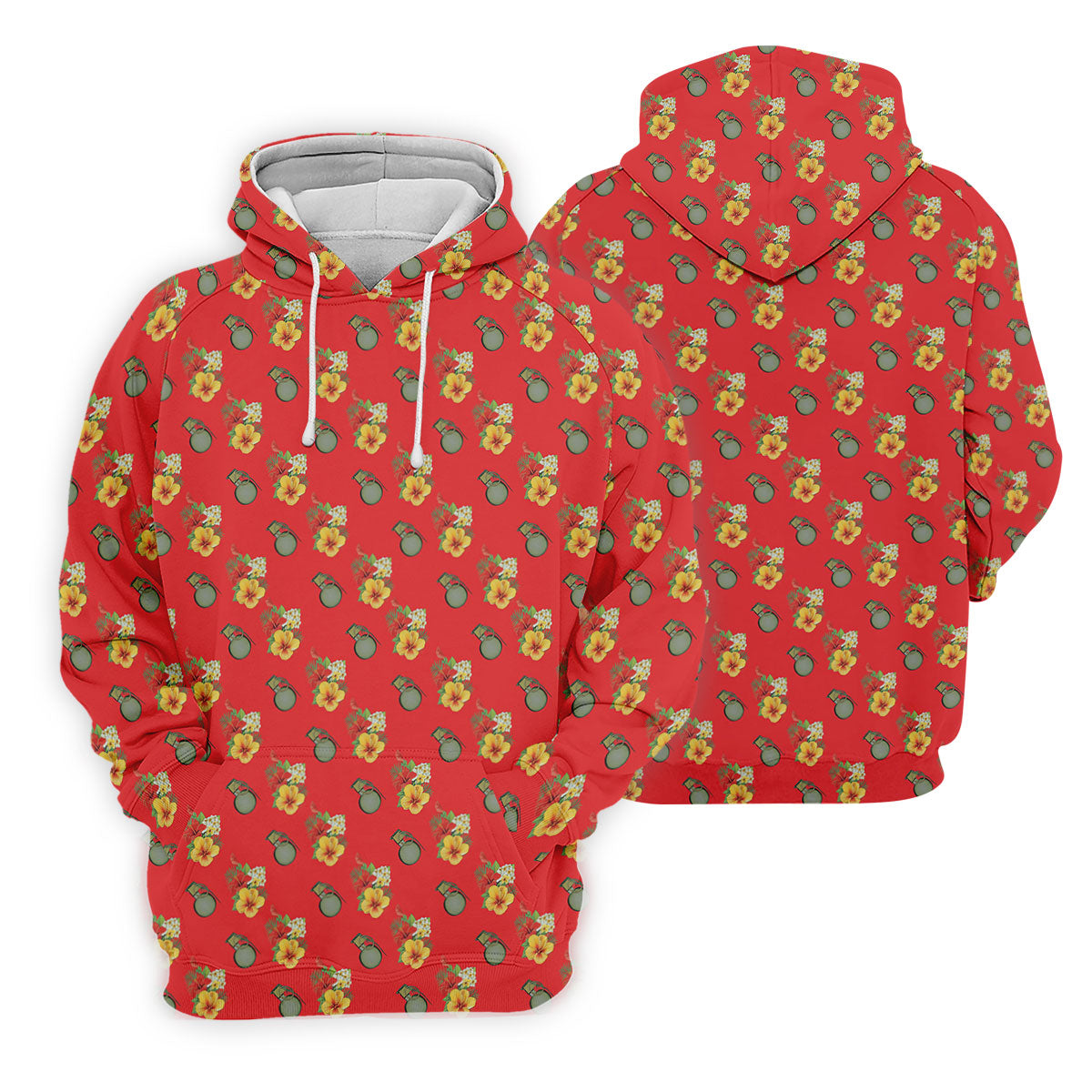 Hibiscus Flowers Green Grenades Seamless Pattern Red Golf Shirt, Golf Tops For Men, Golf Shirts For Men