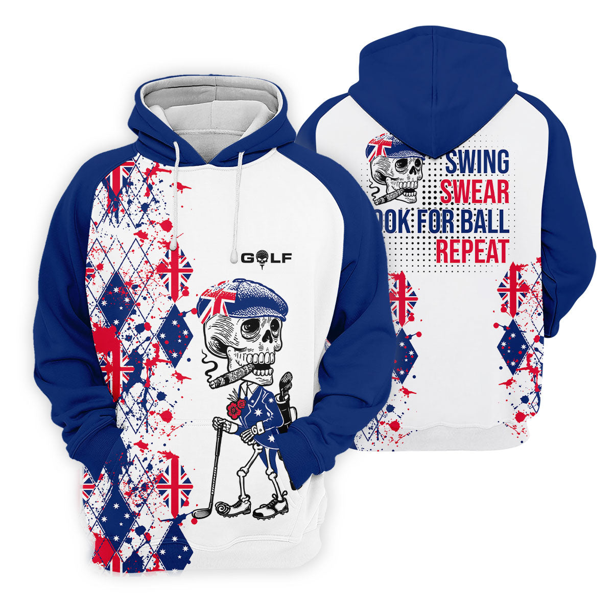 Swing Swear Look For Ball Repeat Australia Flag Print Skeleton Golfer Argyle Golf Shirt, Polo Shirtor Men